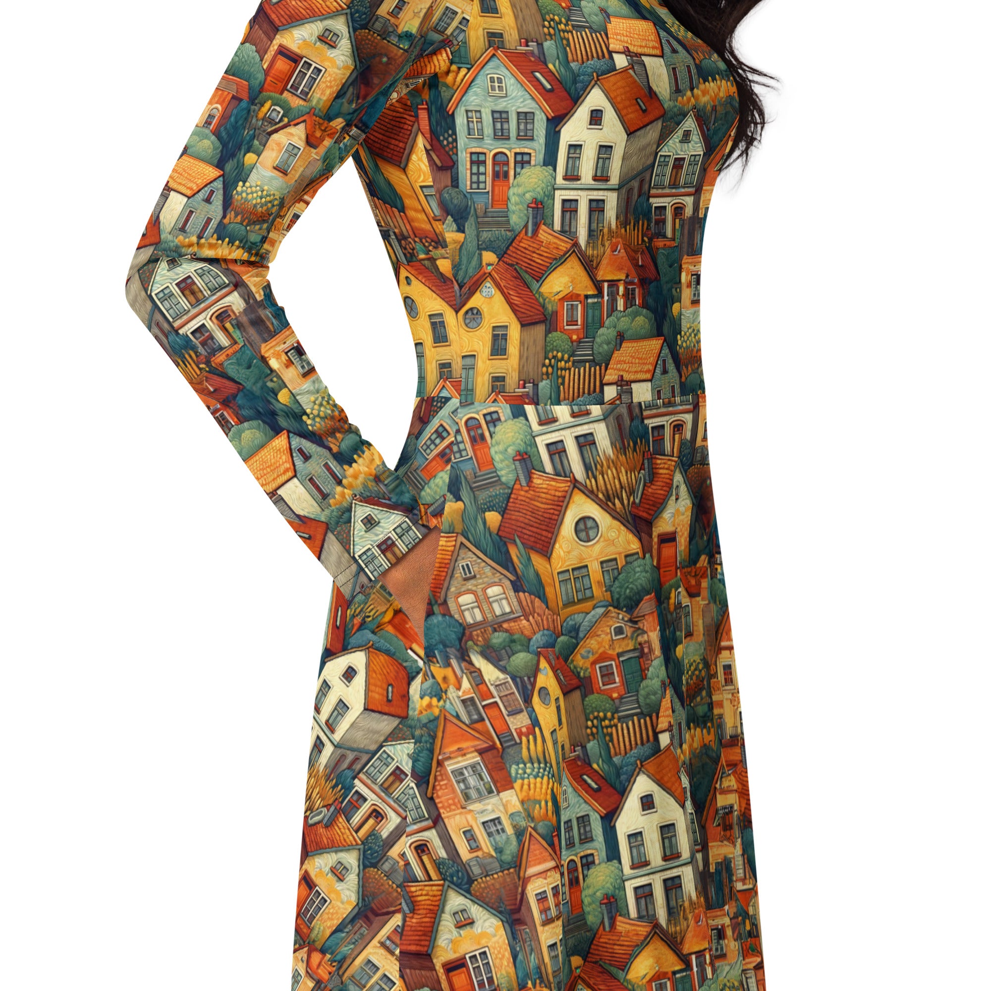 Vincent van Gogh 'Houses at Auvers' Famous Painting Long Sleeve Midi Dress | Premium Art Midi Dress