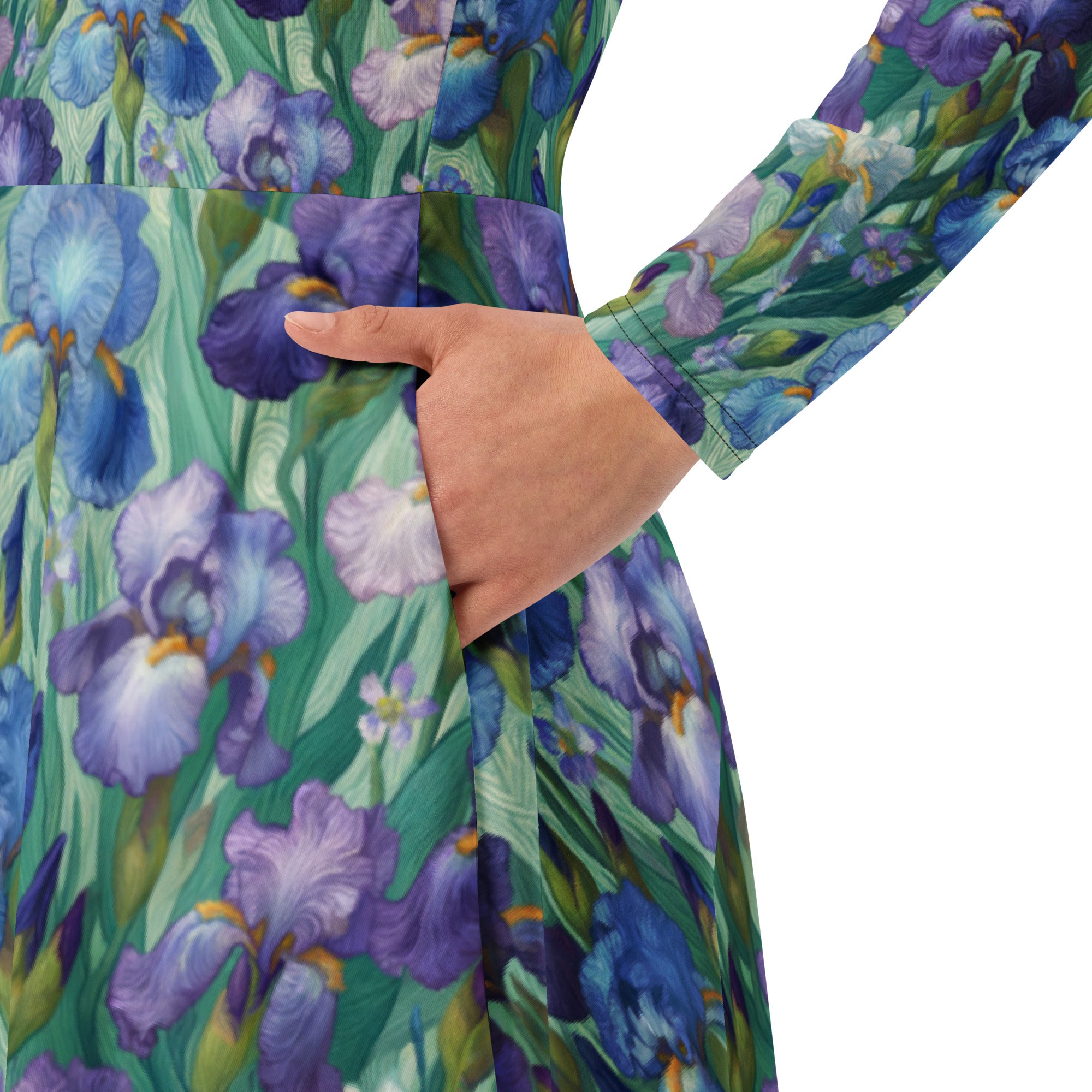 Langärmliges Midikleid „Iris“ von Vincent van Gogh, berühmtes Gemälde | Premium-Kunst-Midikleid