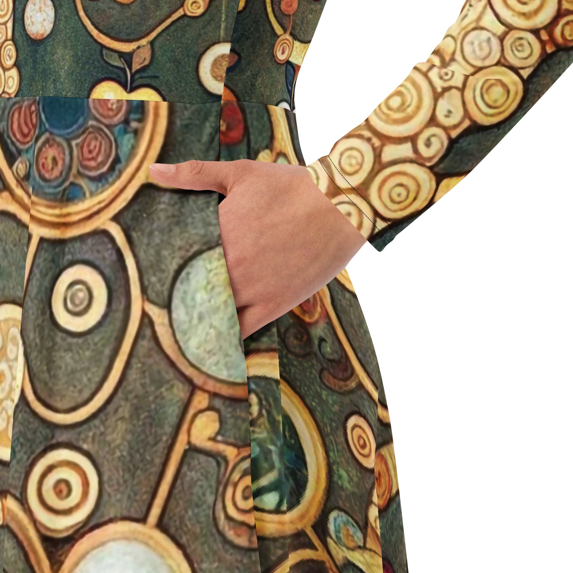 Gustav Klimt 'Apple Tree I' Famous Painting Long Sleeve Midi Dress | Premium Art Midi Dress