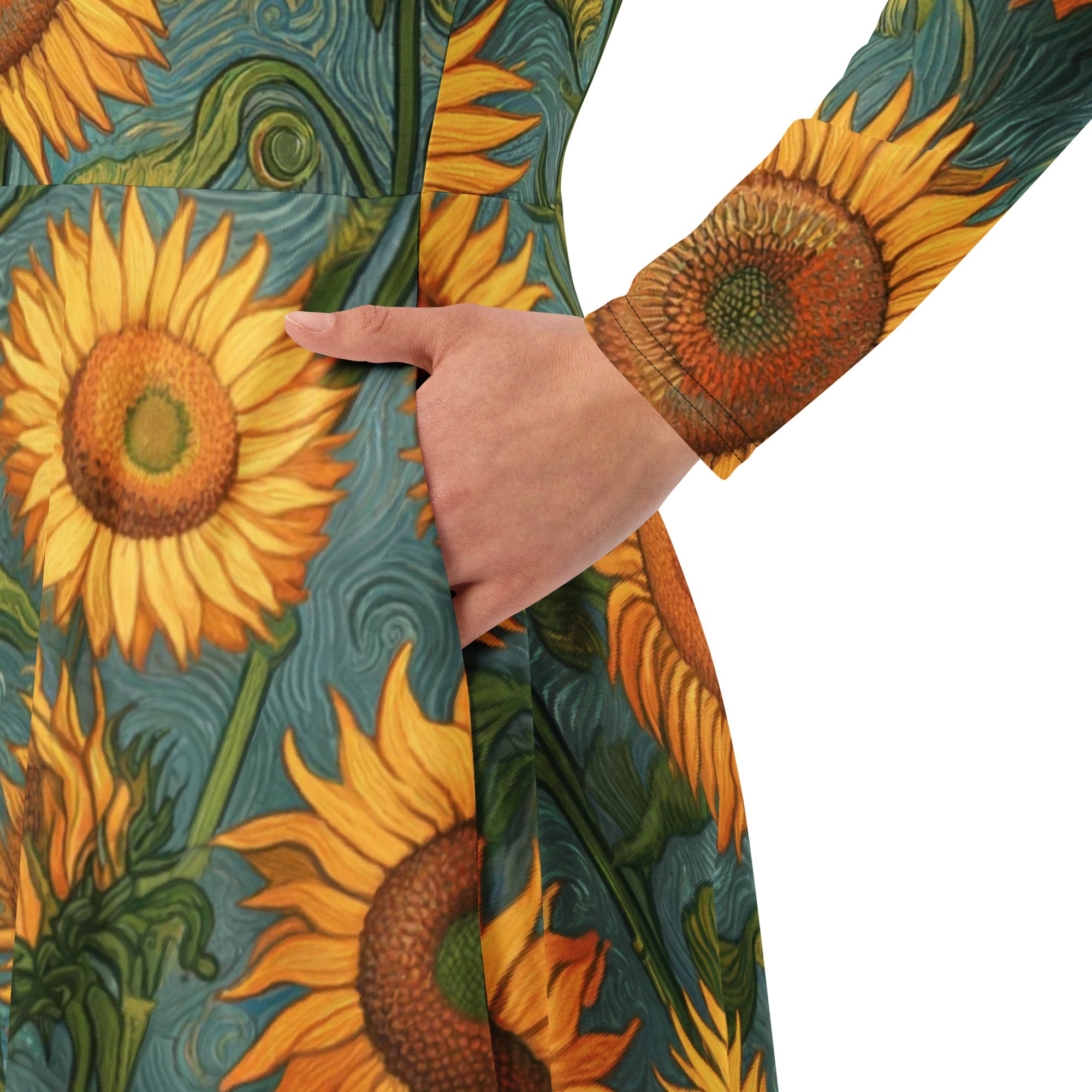 Langärmliges Midikleid „Sonnenblumen“ von Vincent van Gogh, berühmtes Gemälde | Premium-Kunst-Midikleid