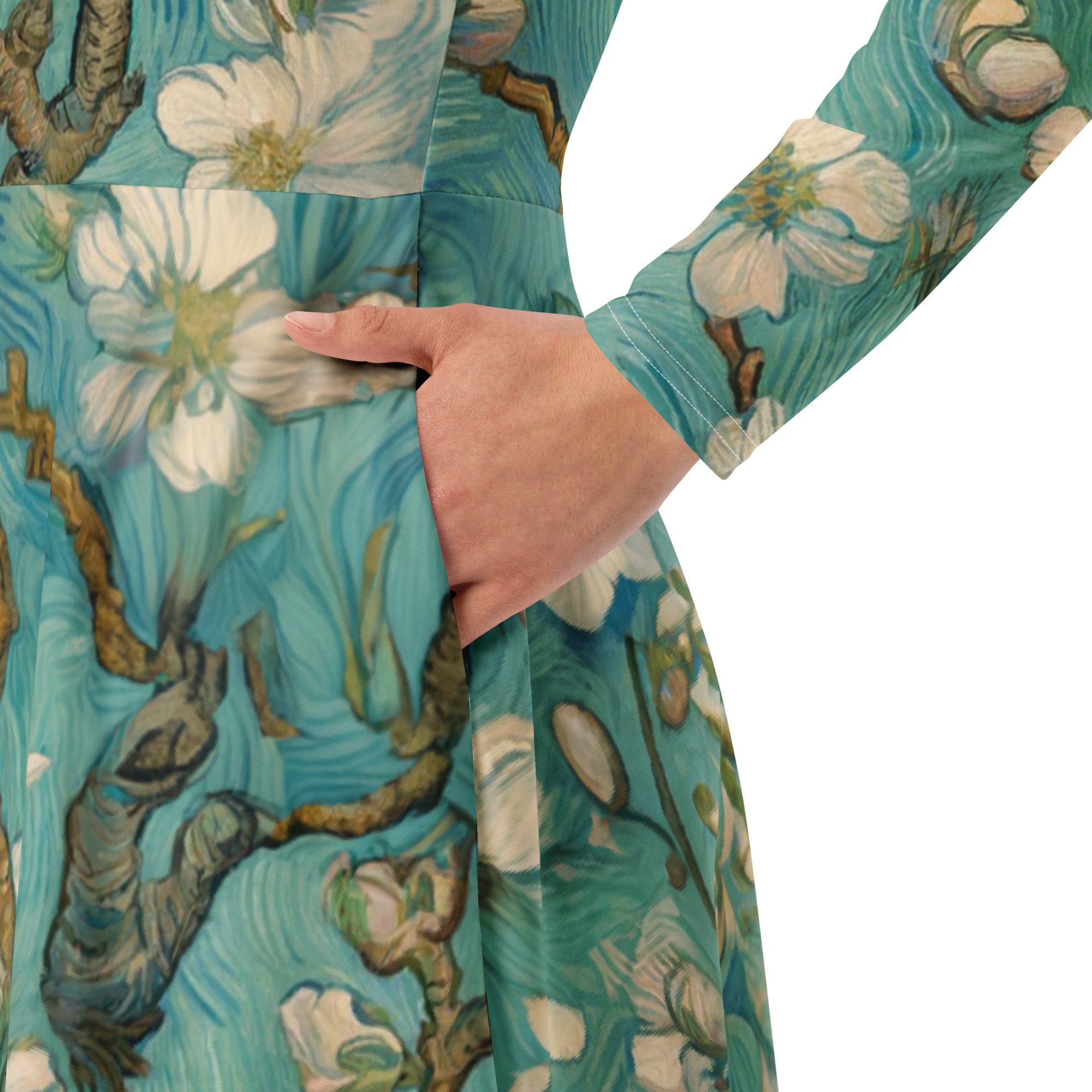 Vincent van Gogh 'Almond Blossom' Famous Painting Long Sleeve Midi Dress | Premium Art Midi Dress