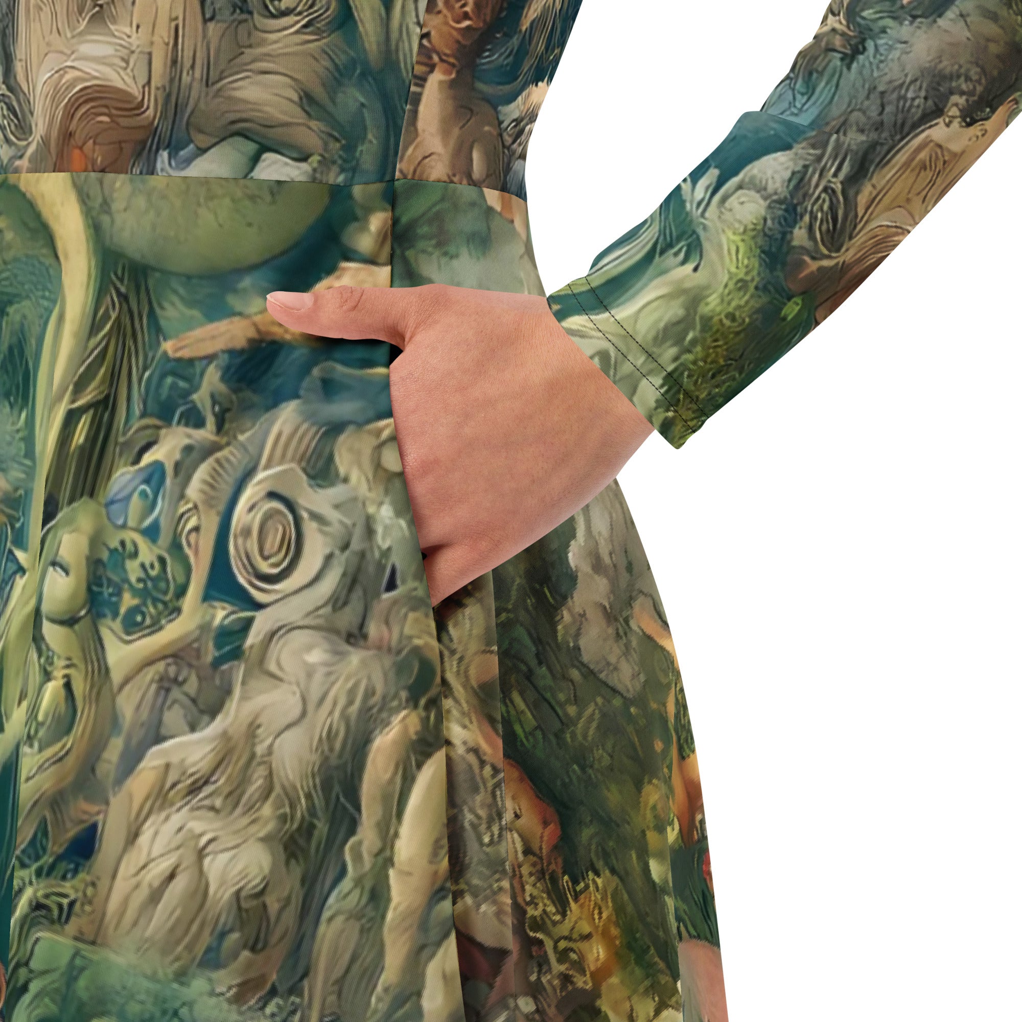 Hieronymus Bosch 'The Garden of Earthly Delights' Famous Painting Long Sleeve Midi Dress | Premium Art Midi Dress