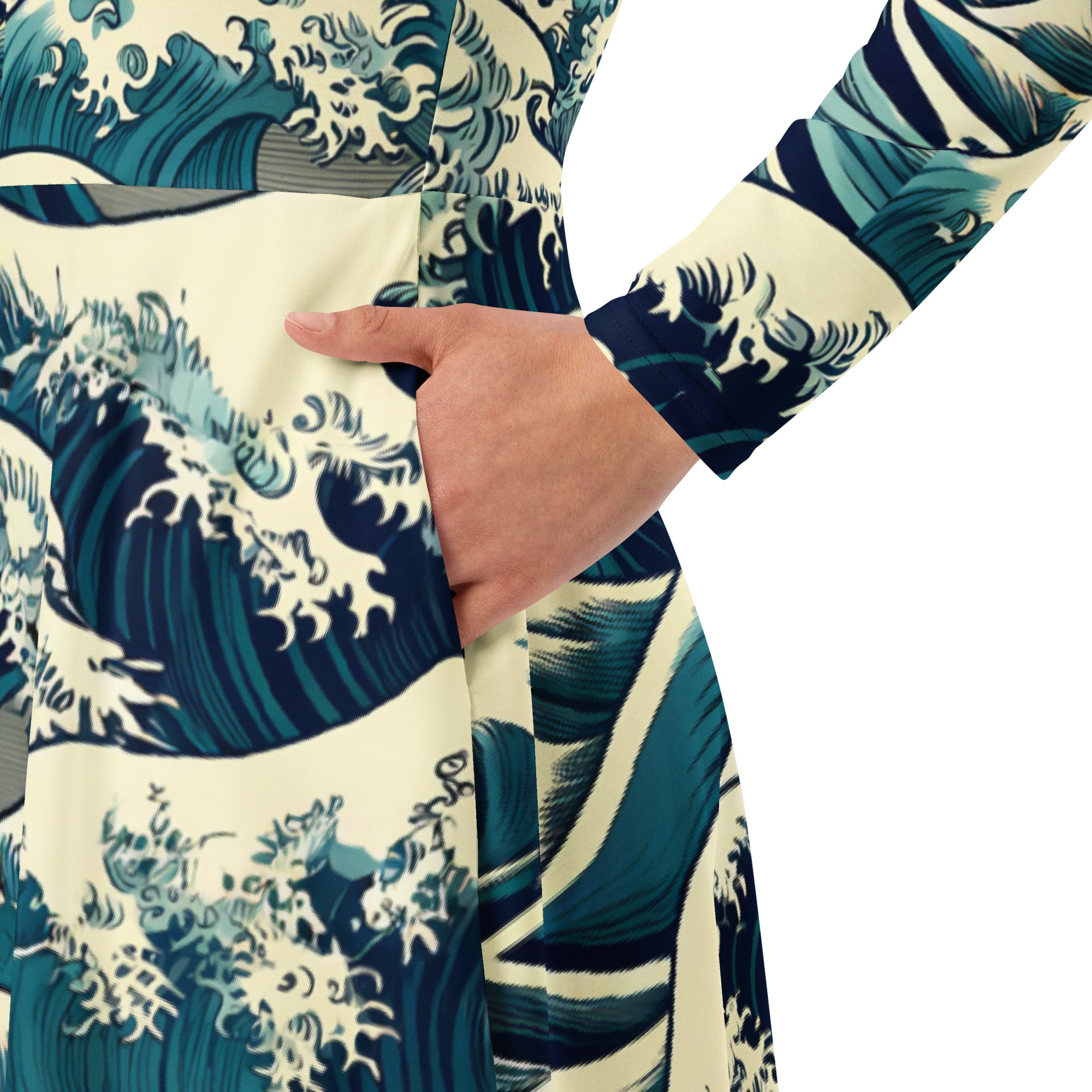 Hokusai 'The Great Wave off Kanagawa' Famous Painting Long Sleeve Midi Dress | Premium Art Midi Dress