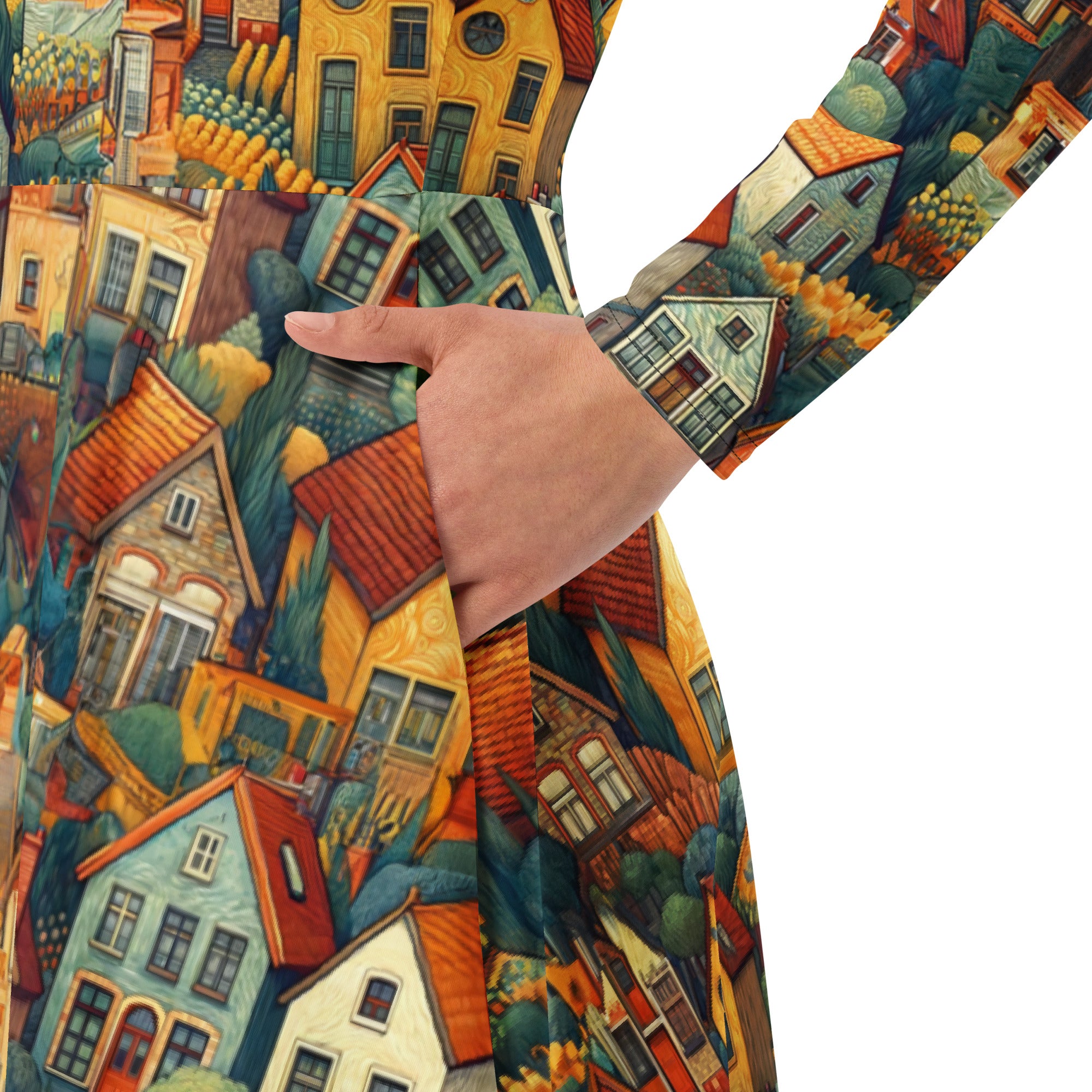 Vincent van Gogh 'Houses at Auvers' Famous Painting Long Sleeve Midi Dress | Premium Art Midi Dress