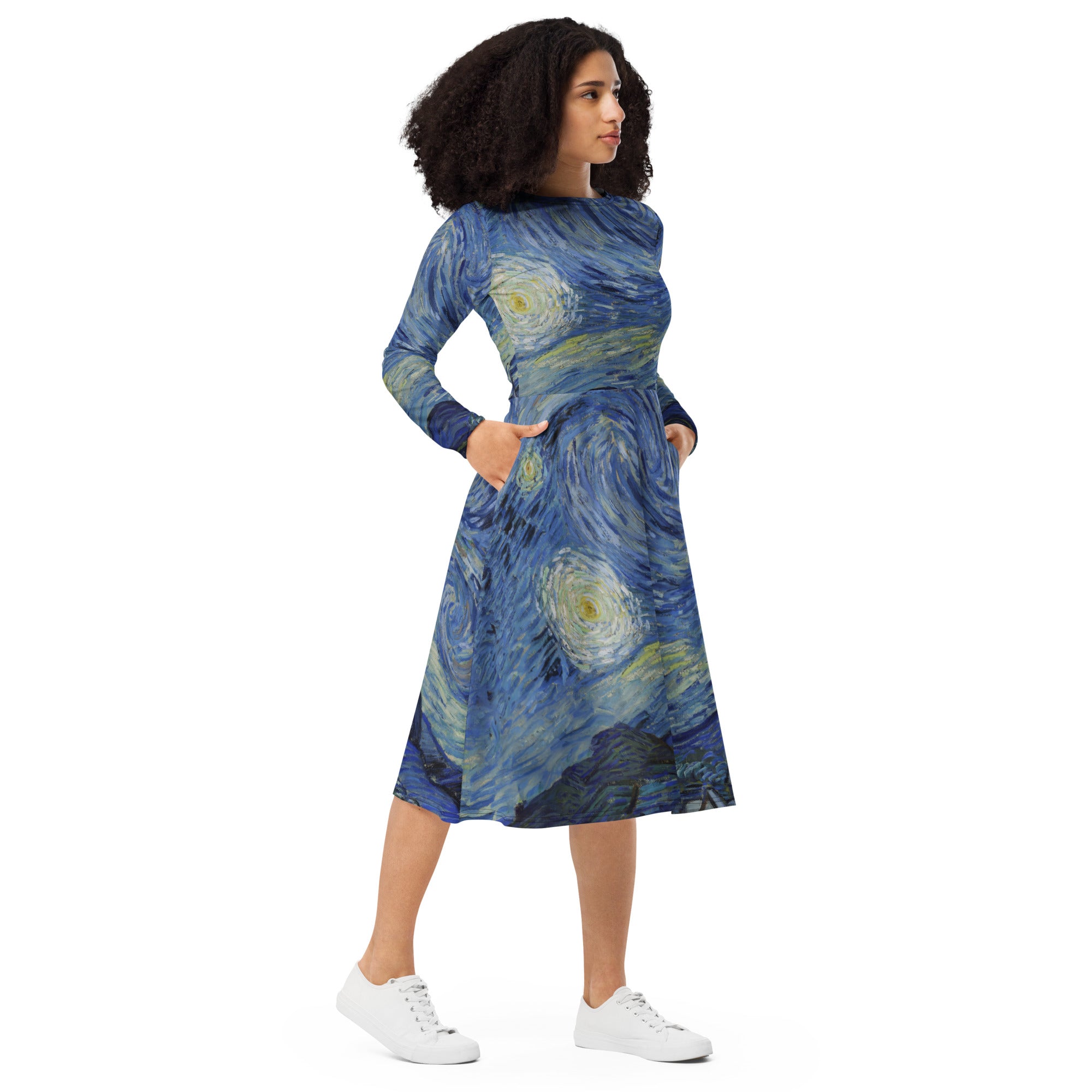 Vincent van Gogh 'Starry Night' Famous Painting Long Sleeve Midi Dress | Premium Art Midi Dress