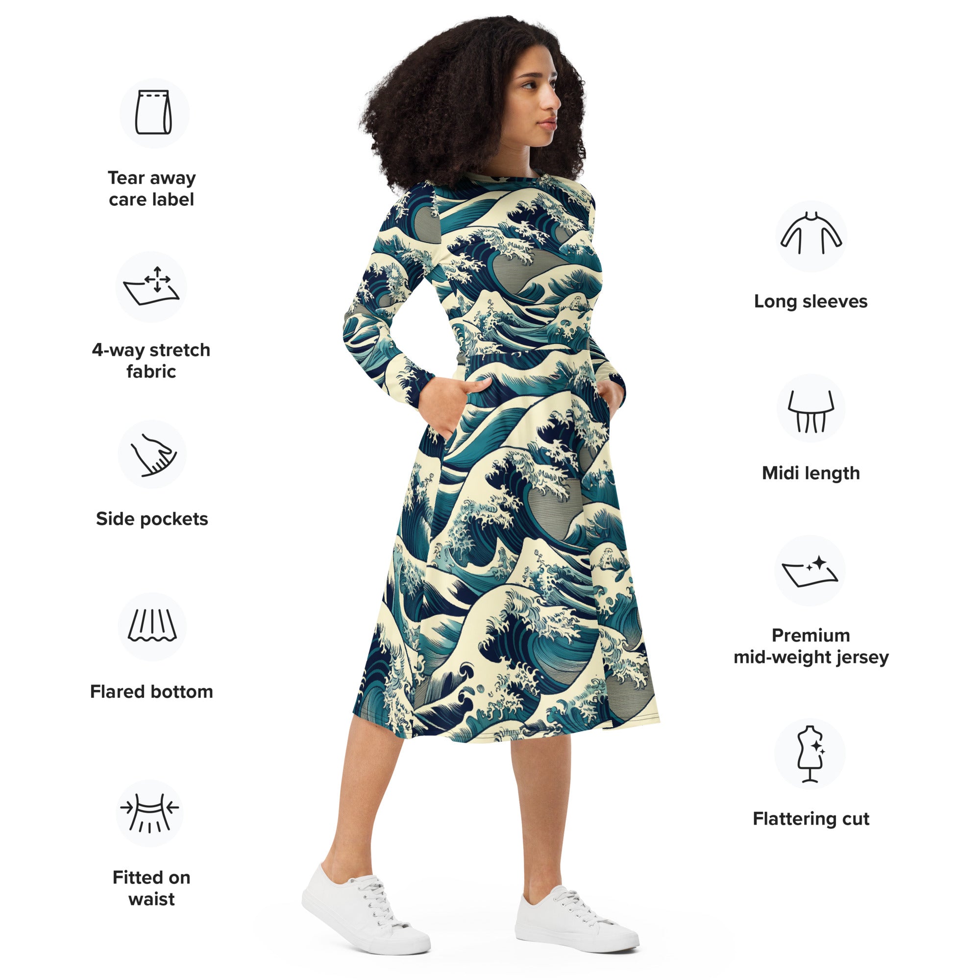 Hokusai 'The Great Wave off Kanagawa' Famous Painting Long Sleeve Midi Dress | Premium Art Midi Dress