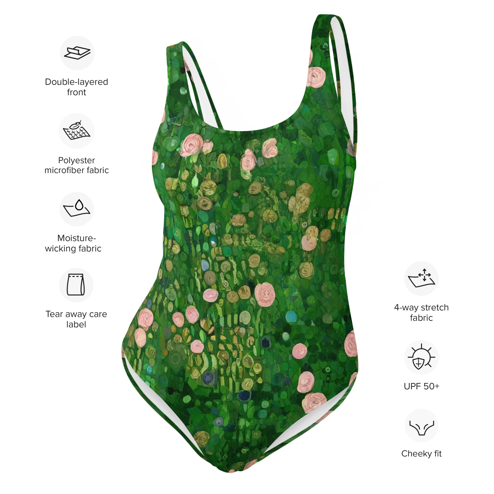 Gustav Klimt 'Rosebushes under the Trees' Famous Painting Swimsuit | Premium Art One Piece Swimsuit