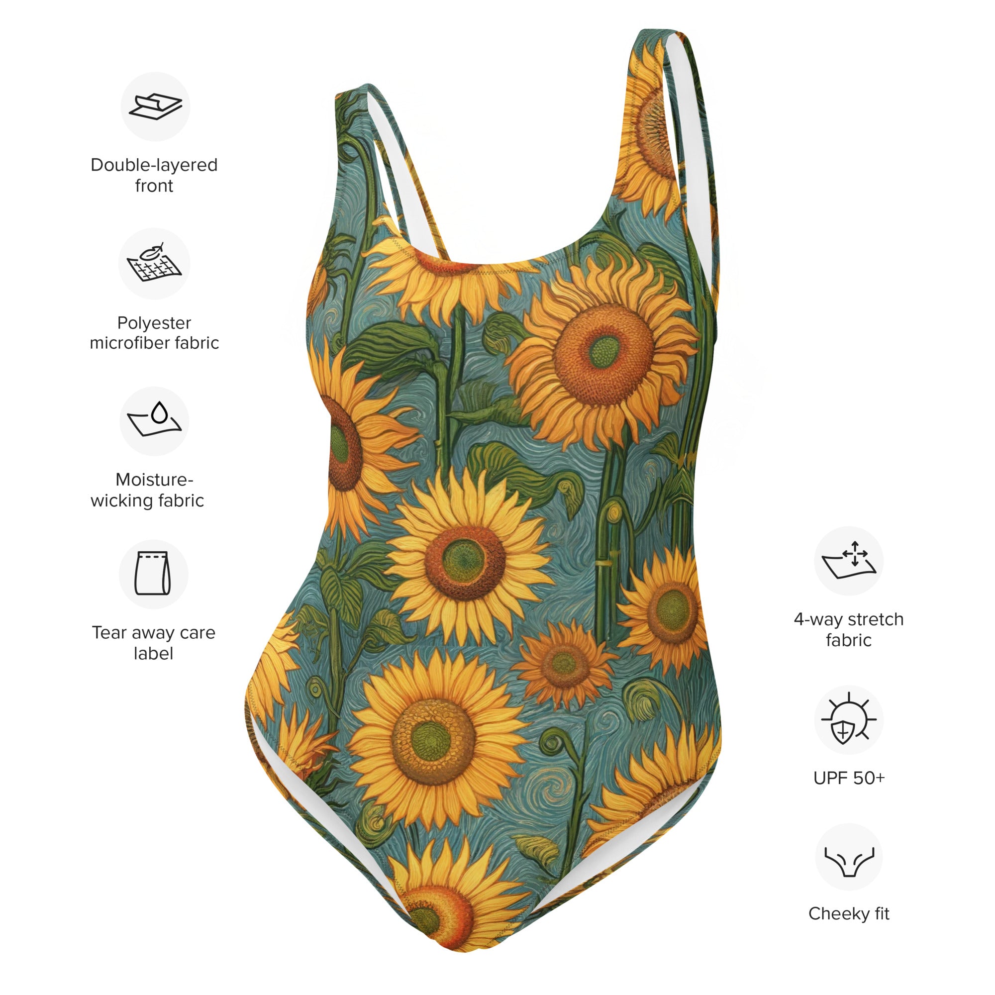 Badeanzug mit berühmtem Gemälde „Sonnenblumen“ von Vincent van Gogh | Einteiliger Badeanzug mit hochwertiger Kunst