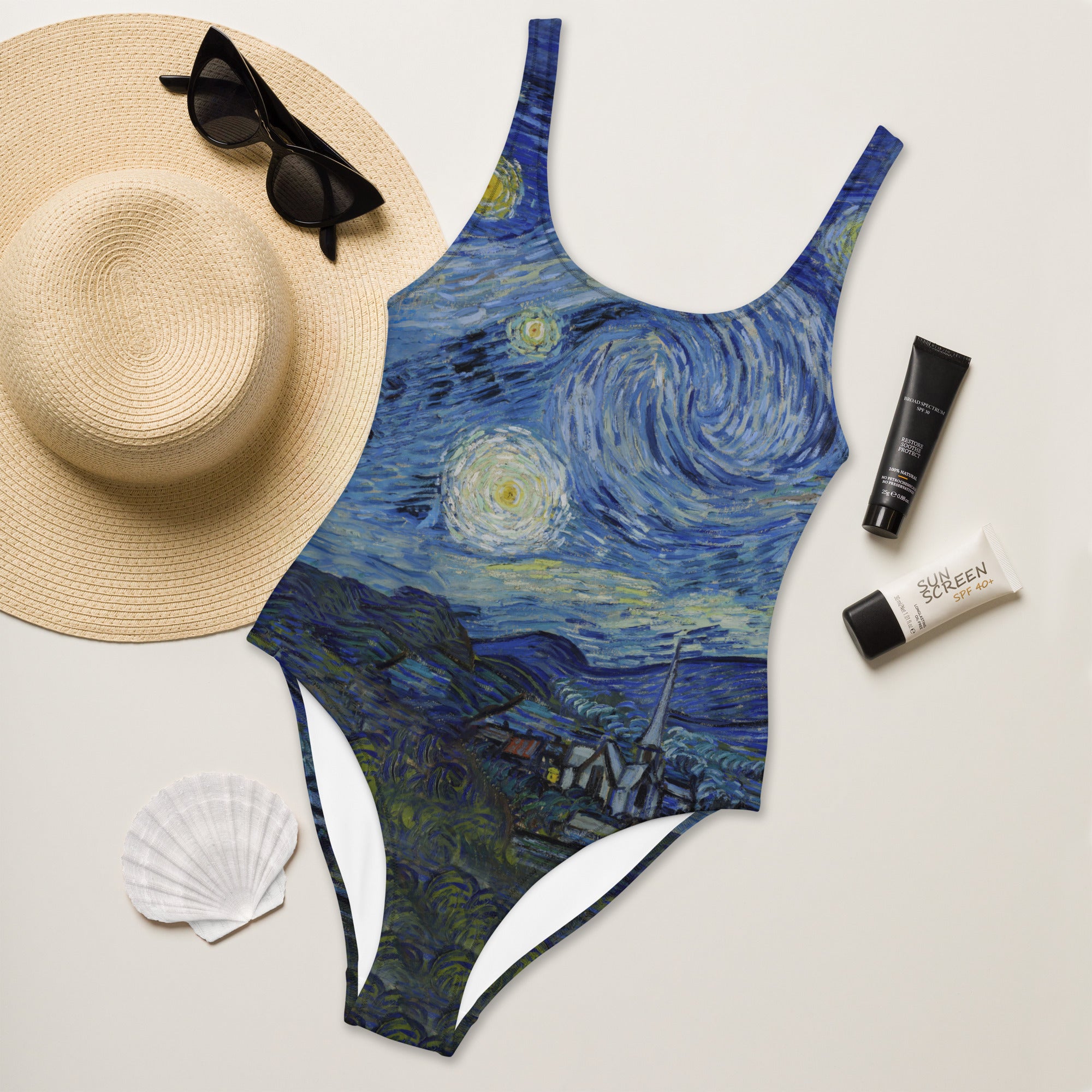 Badeanzug mit berühmtem Gemälde „Sternennacht“ von Vincent van Gogh | Einteiliger Badeanzug mit hochwertiger Kunst