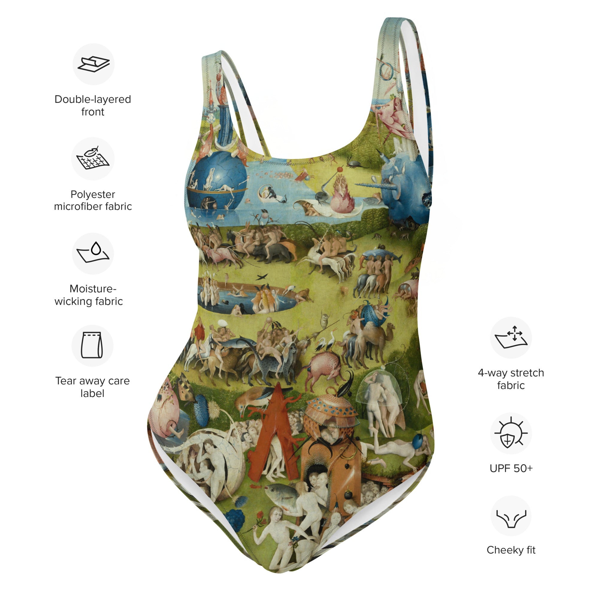 Badeanzug mit berühmtem Gemälde „Der Garten der Lüste“ von Hieronymus Bosch | Einteiliger Badeanzug mit Premium-Kunstmotiv