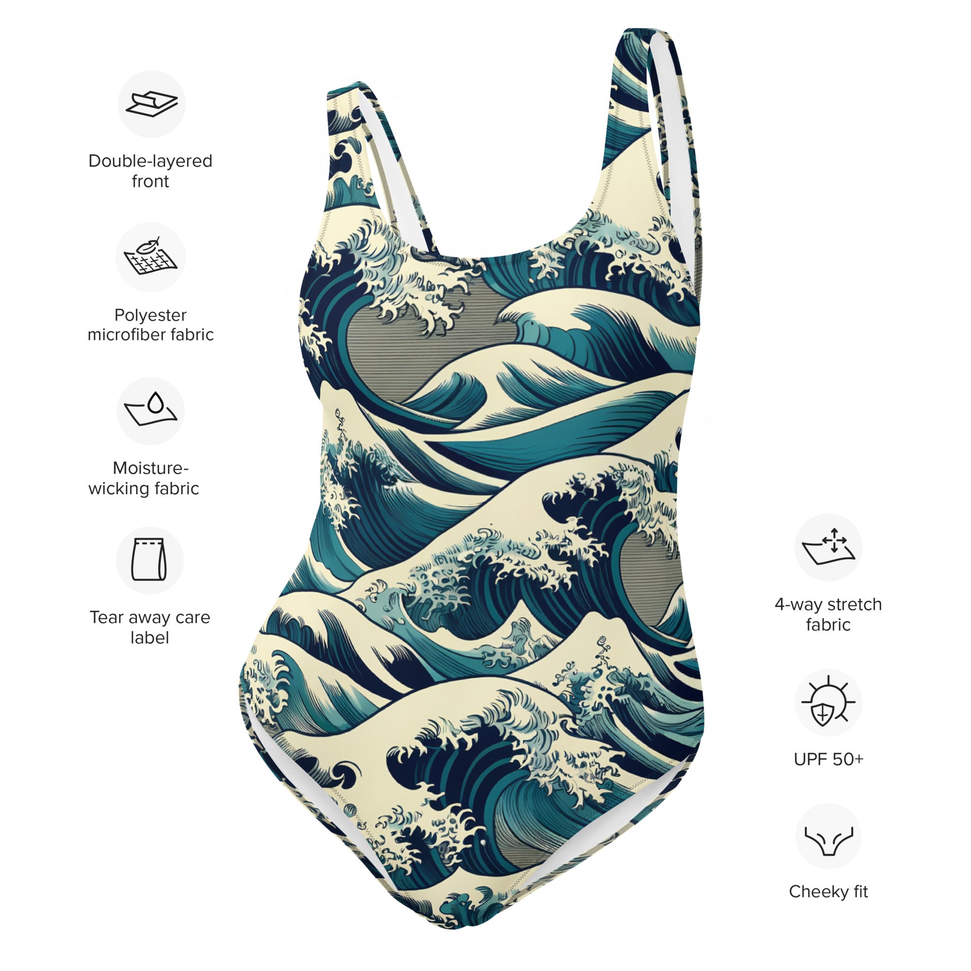 Badeanzug mit berühmtem Gemälde „Die große Welle vor Kanagawa“ von Hokusai | Einteiliger Badeanzug mit Premium-Kunstmotiv