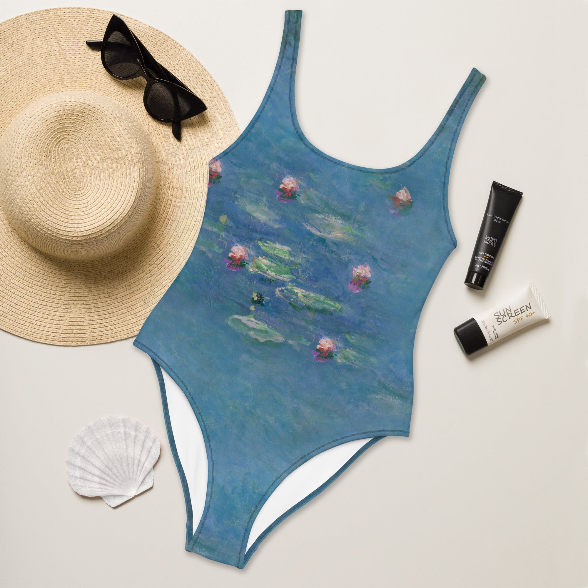 Claude Monet 'Water Lilies' Famous Painting Swimsuit | Premium Art One Piece Swimsuit