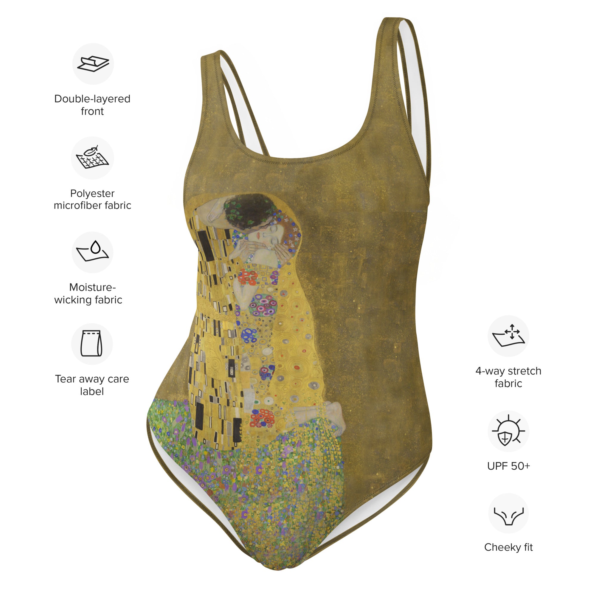 Gustav Klimt 'The Kiss' Famous Painting Swimsuit | Premium Art One Piece Swimsuit