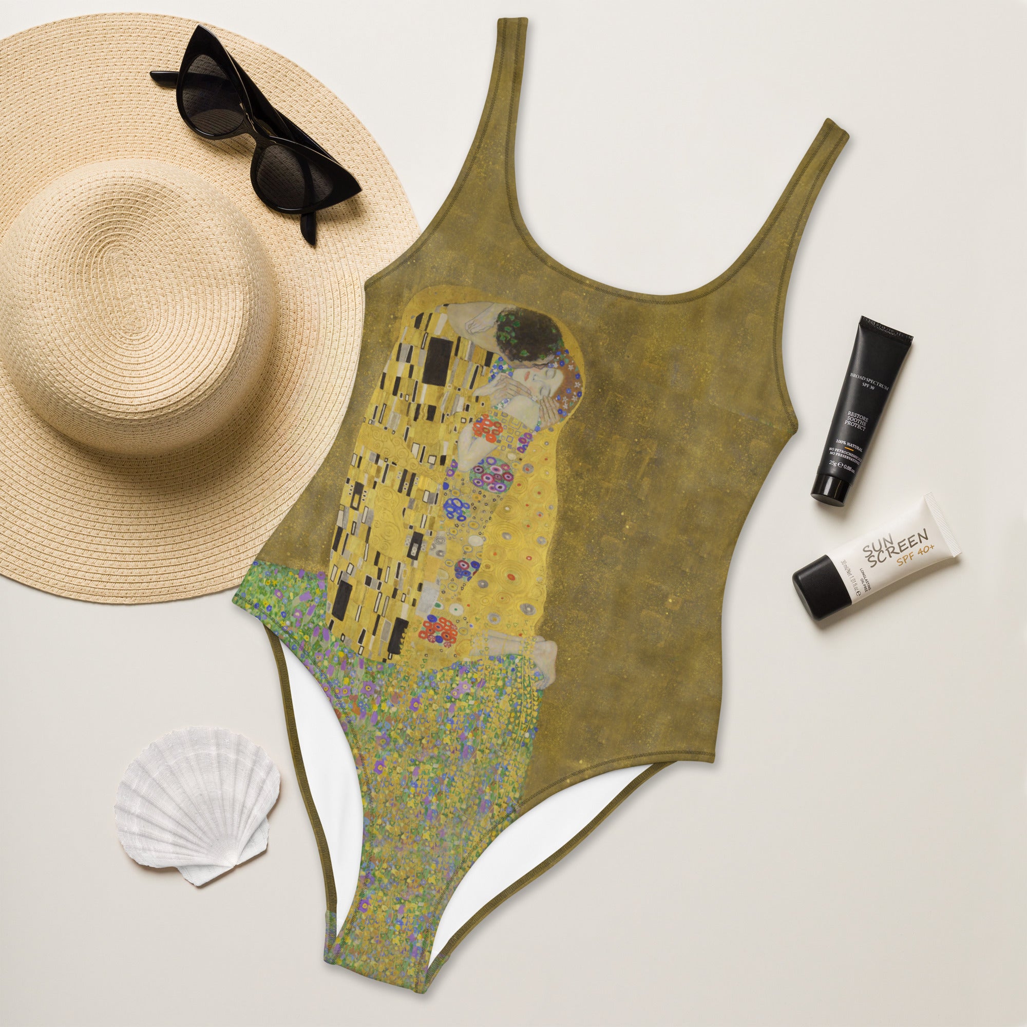 Gustav Klimt 'The Kiss' Famous Painting Swimsuit | Premium Art One Piece Swimsuit