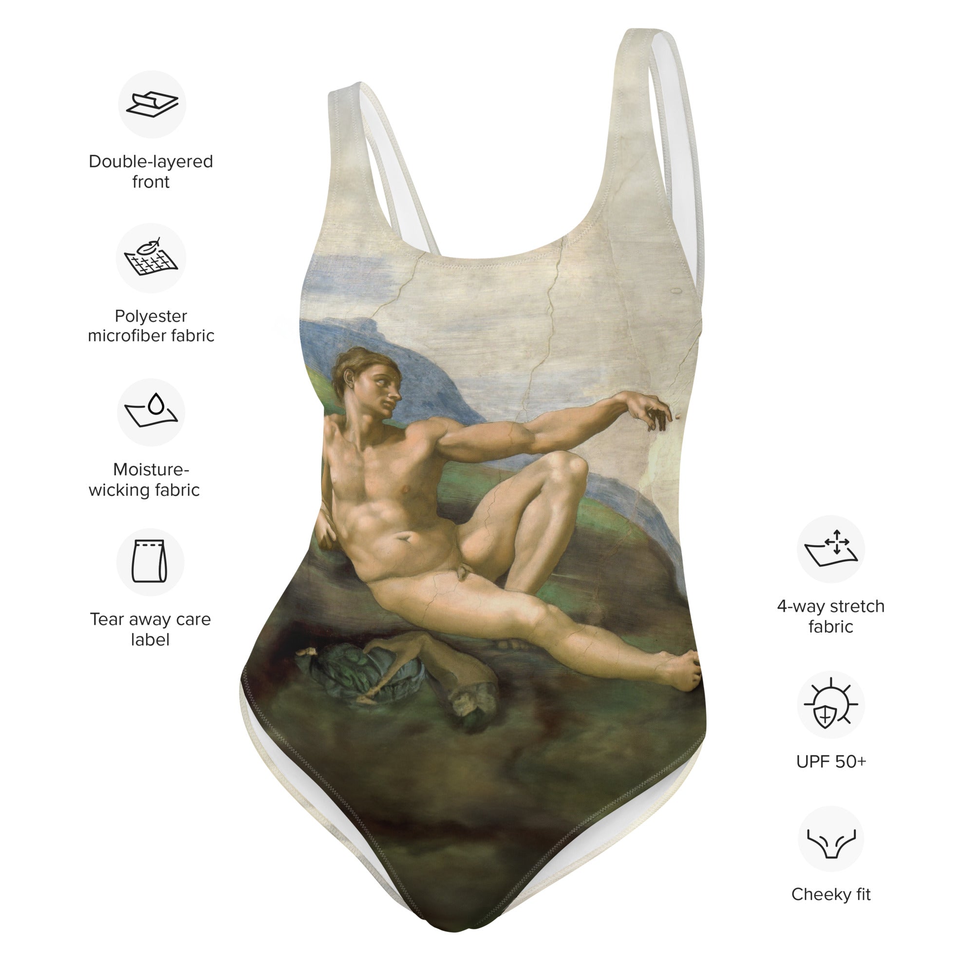 Badeanzug mit berühmtem Gemälde „Die Erschaffung Adams“ von Michelangelo | Einteiliger Badeanzug mit Premium-Kunstmotiv