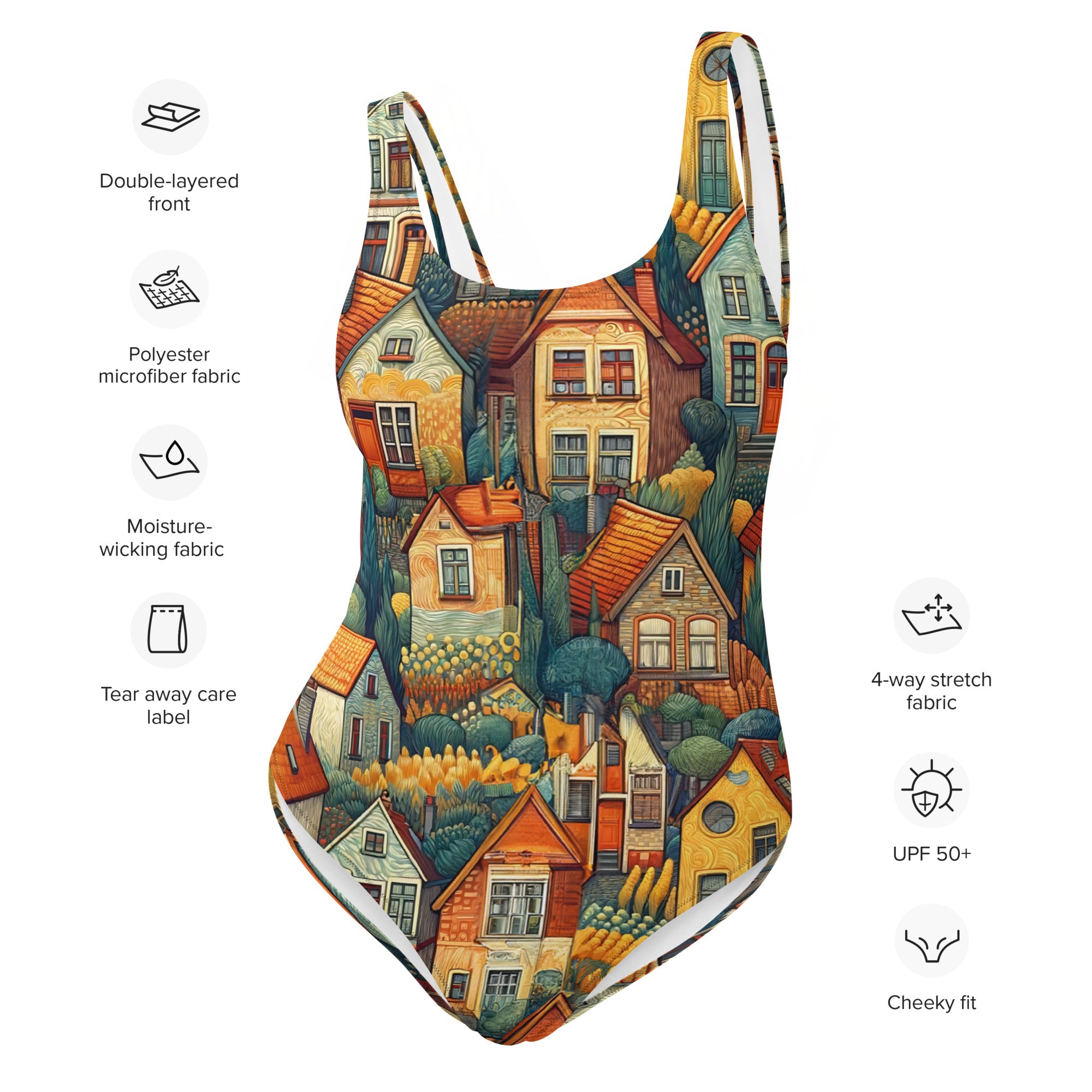 Vincent van Gogh 'Houses at Auvers' Famous Painting Swimsuit | Premium Art One Piece Swimsuit