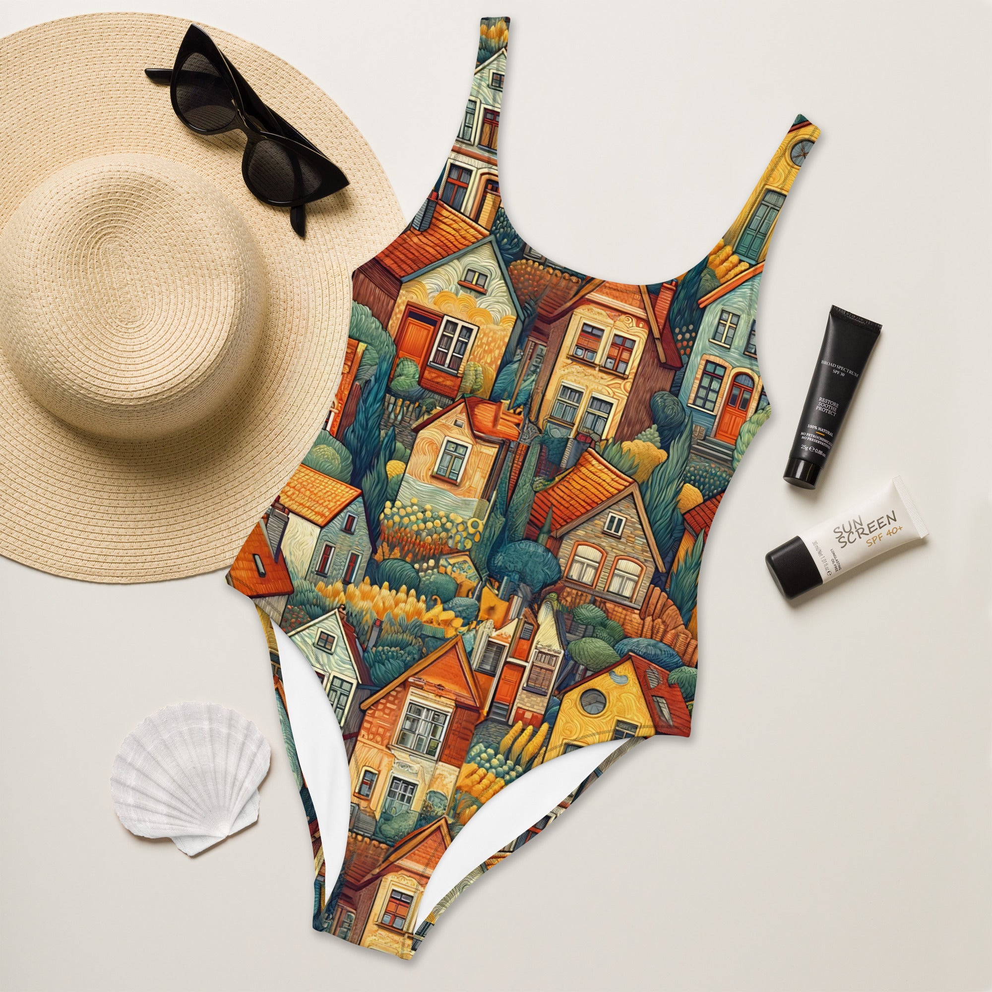 Vincent van Gogh 'Houses at Auvers' Famous Painting Swimsuit | Premium Art One Piece Swimsuit