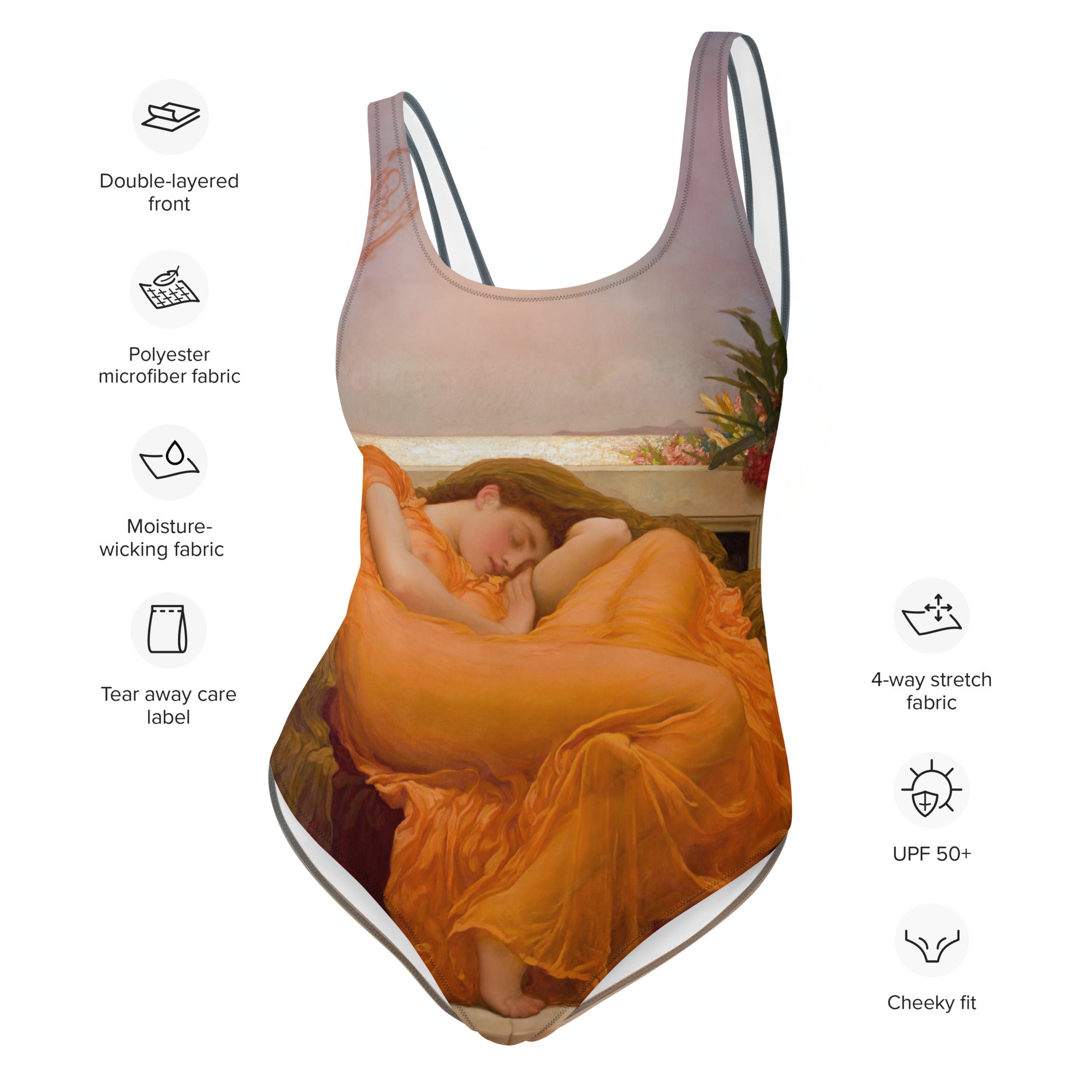 Frederic Leighton 'Flaming June' Famous Painting Swimsuit | Premium Art One Piece Swimsuit