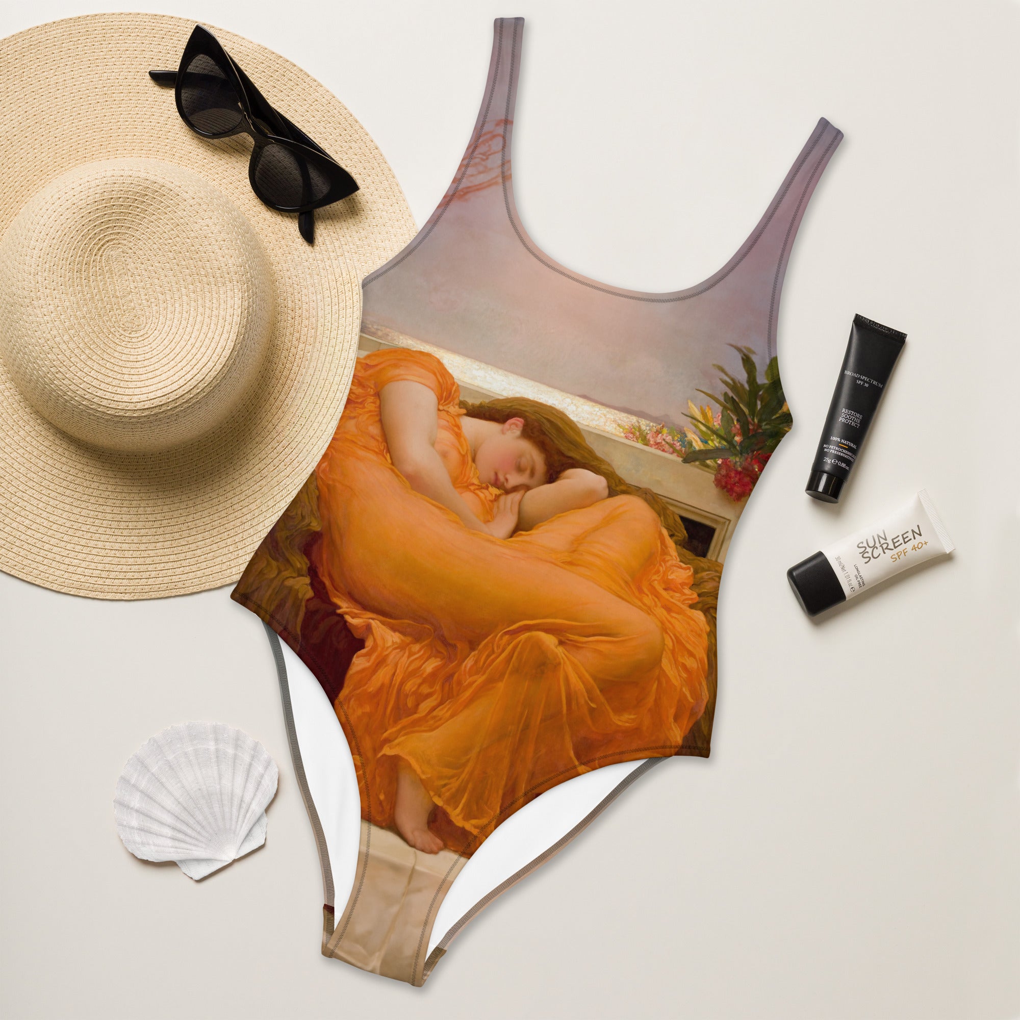 Frederic Leighton 'Flaming June' Famous Painting Swimsuit | Premium Art One Piece Swimsuit