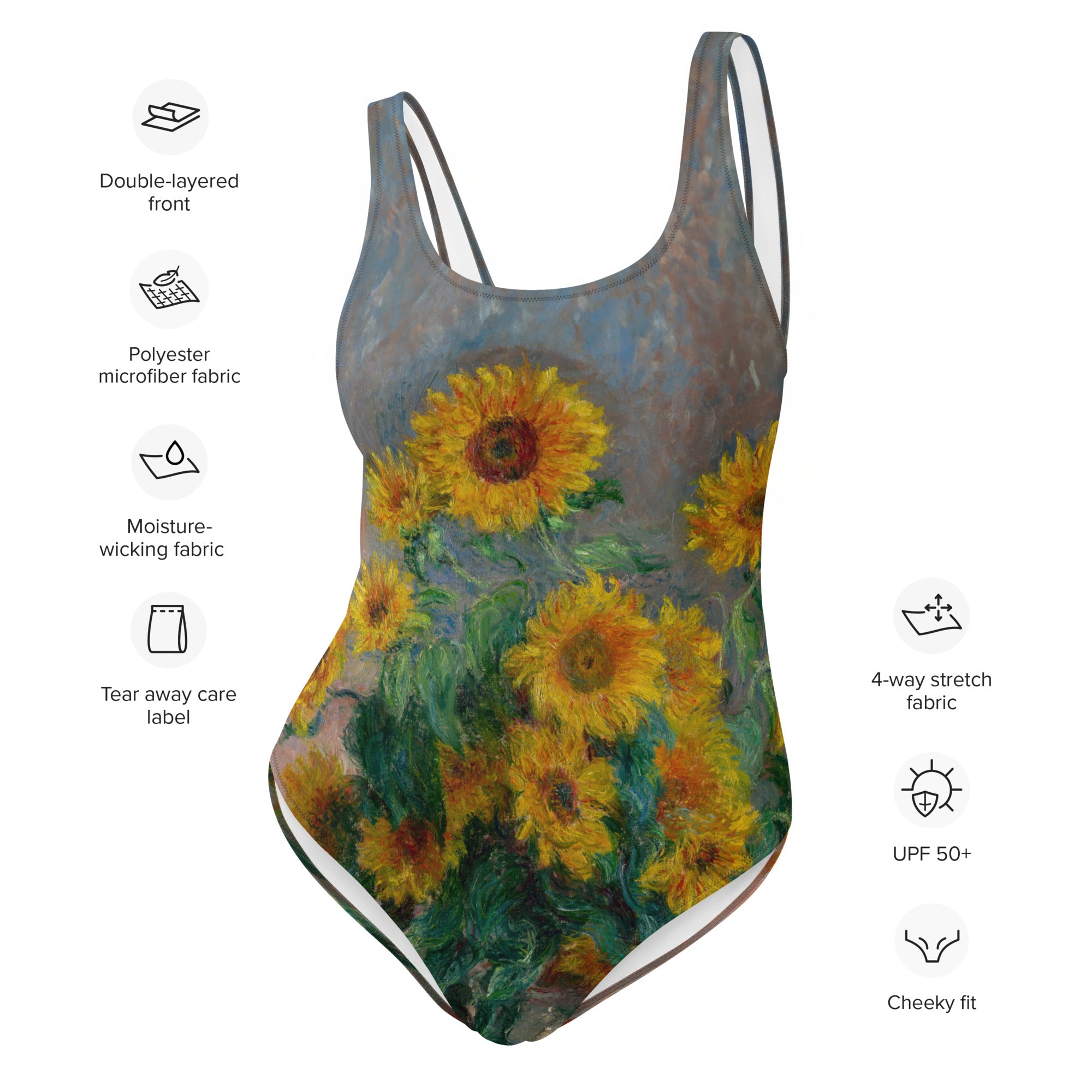 Claude Monet 'Bouquet of Sunflowers' Famous Painting Swimsuit | Premium Art One Piece Swimsuit