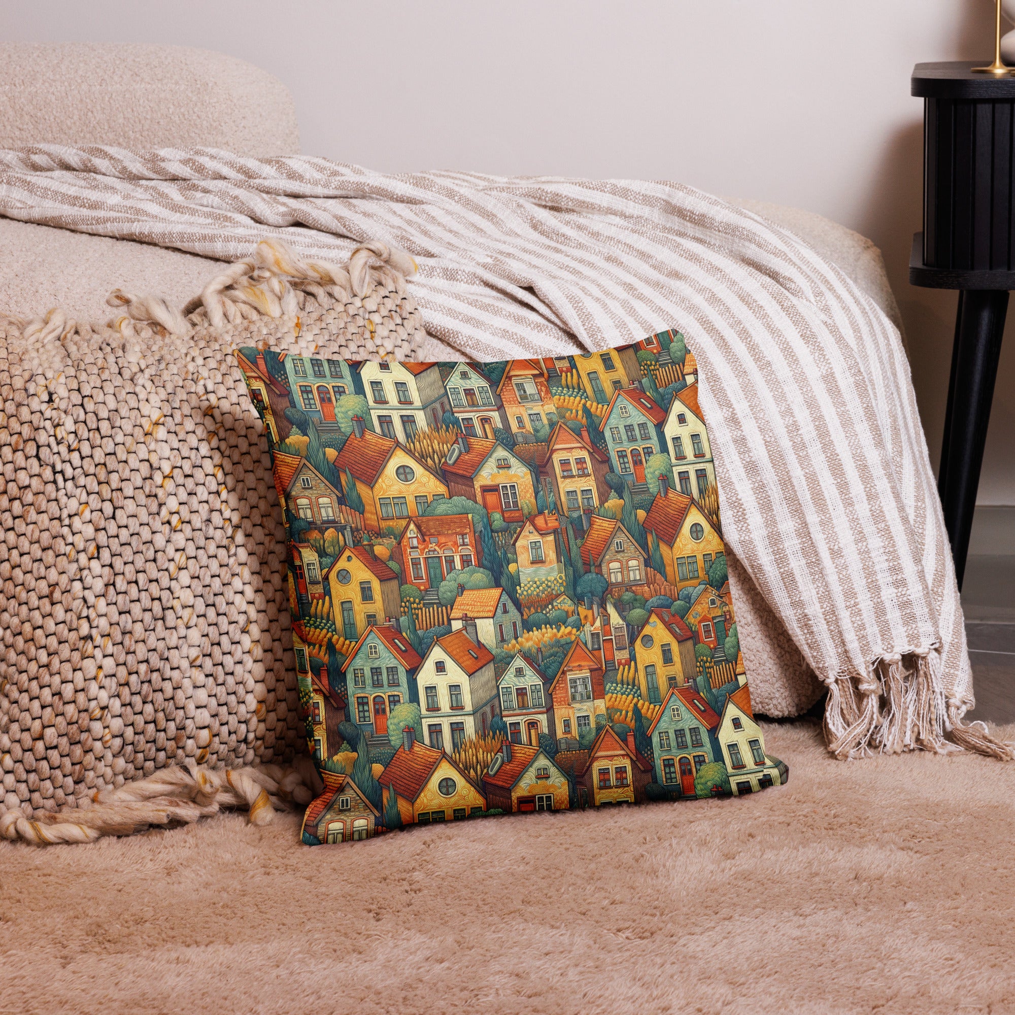 Vincent van Gogh 'Houses at Auvers' Famous Painting Premium Pillow | Premium Art Cushion