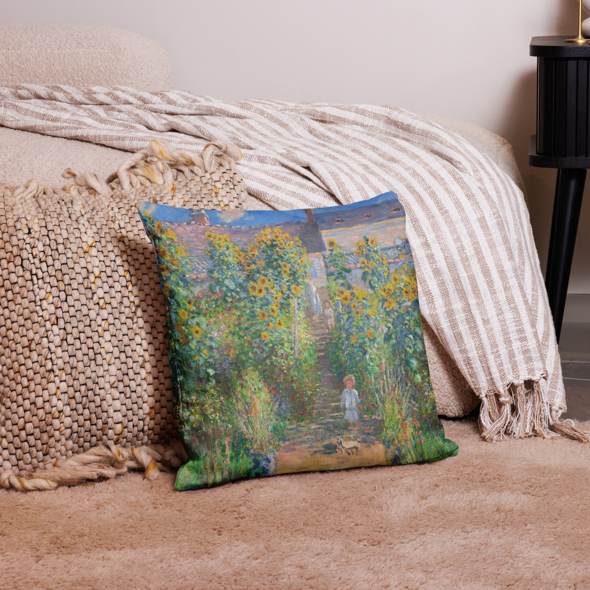 Claude Monet 'The Artist's Garden at Vétheuil' Famous Painting Premium Pillow | Premium Art Cushion