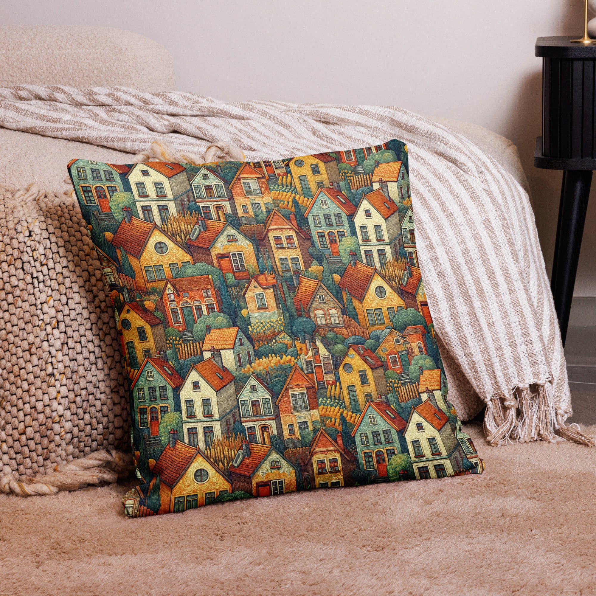 Vincent van Gogh 'Houses at Auvers' Famous Painting Premium Pillow | Premium Art Cushion