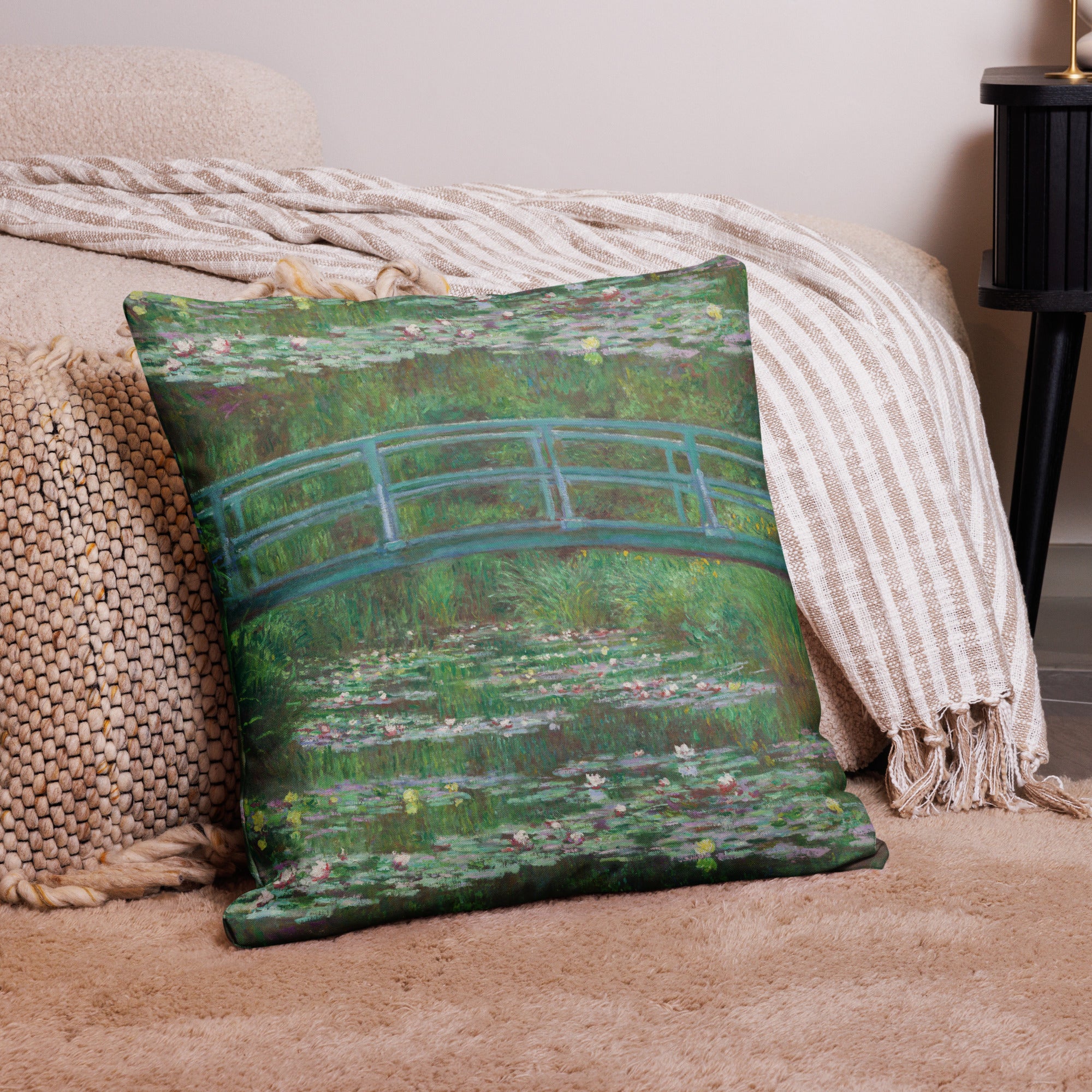 Claude Monet 'The Japanese Footbridge' Famous Painting Premium Pillow | Premium Art Cushion