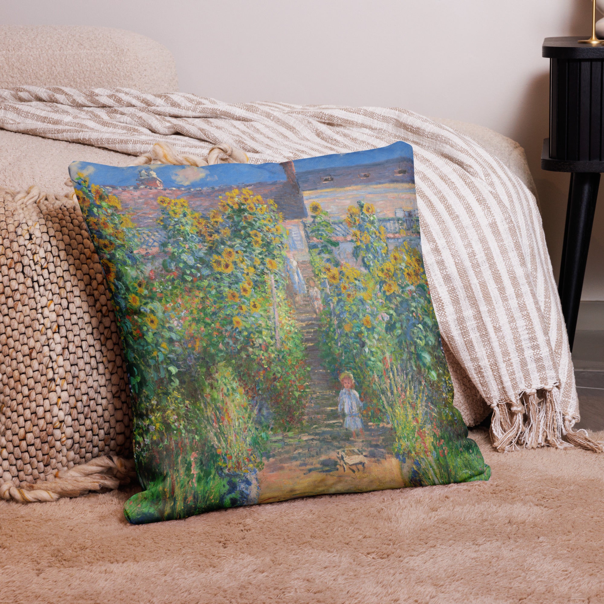 Claude Monet 'The Artist's Garden at Vétheuil' Famous Painting Premium Pillow | Premium Art Cushion