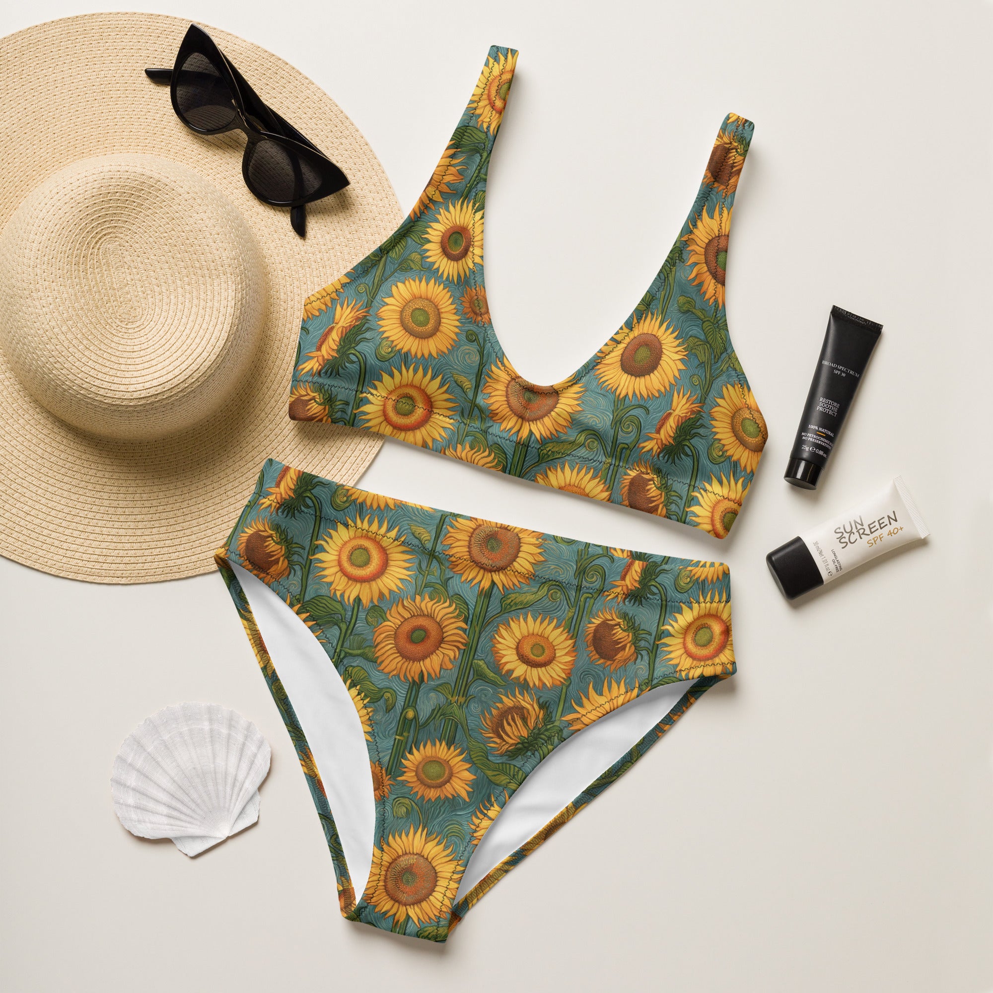 Vincent van Gogh 'Sunflowers' Famous Painting Bikini | Premium Art High Waisted Bikini