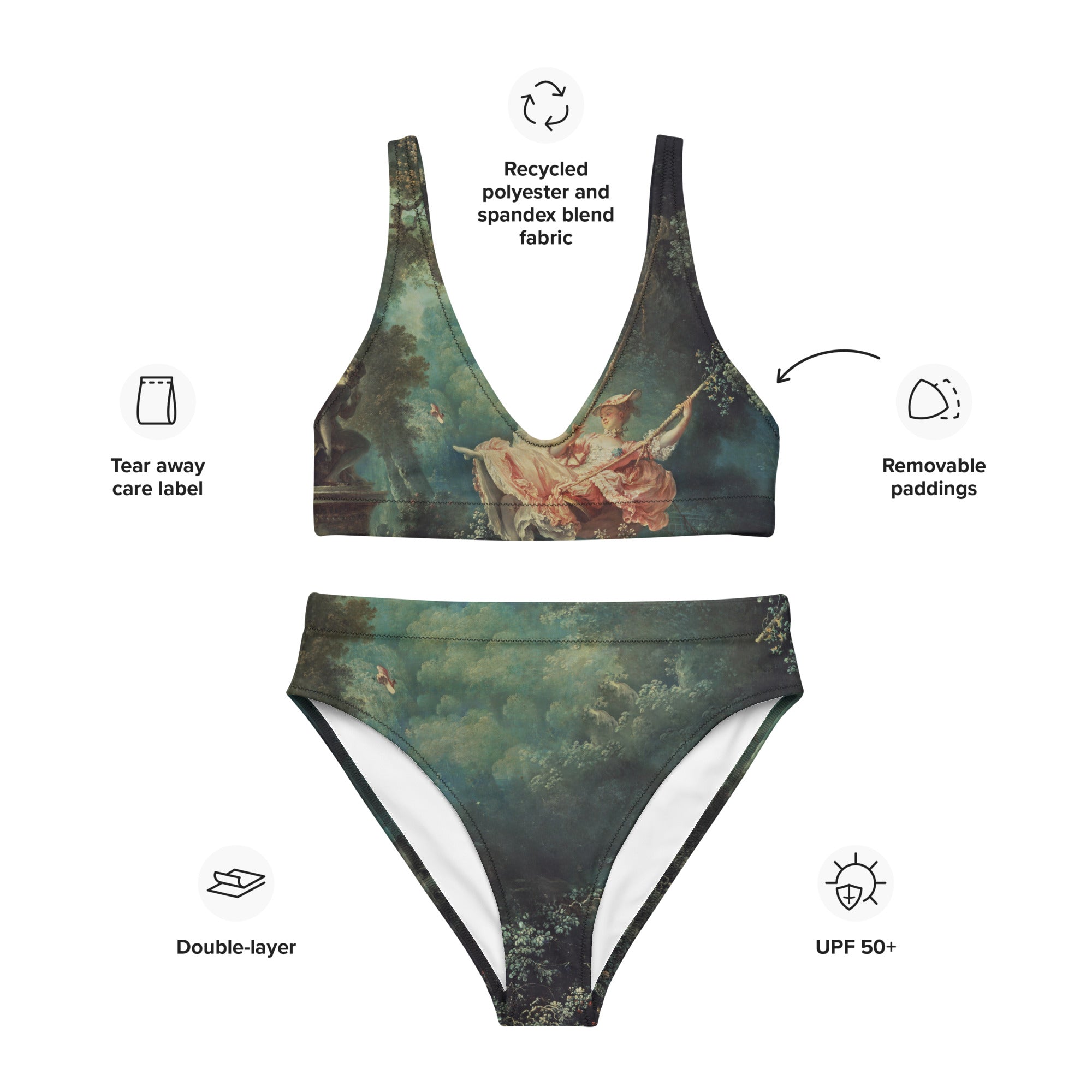 Jean-Honoré Fragonard 'The Swing' Famous Painting Bikini | Premium Art High Waisted Bikini