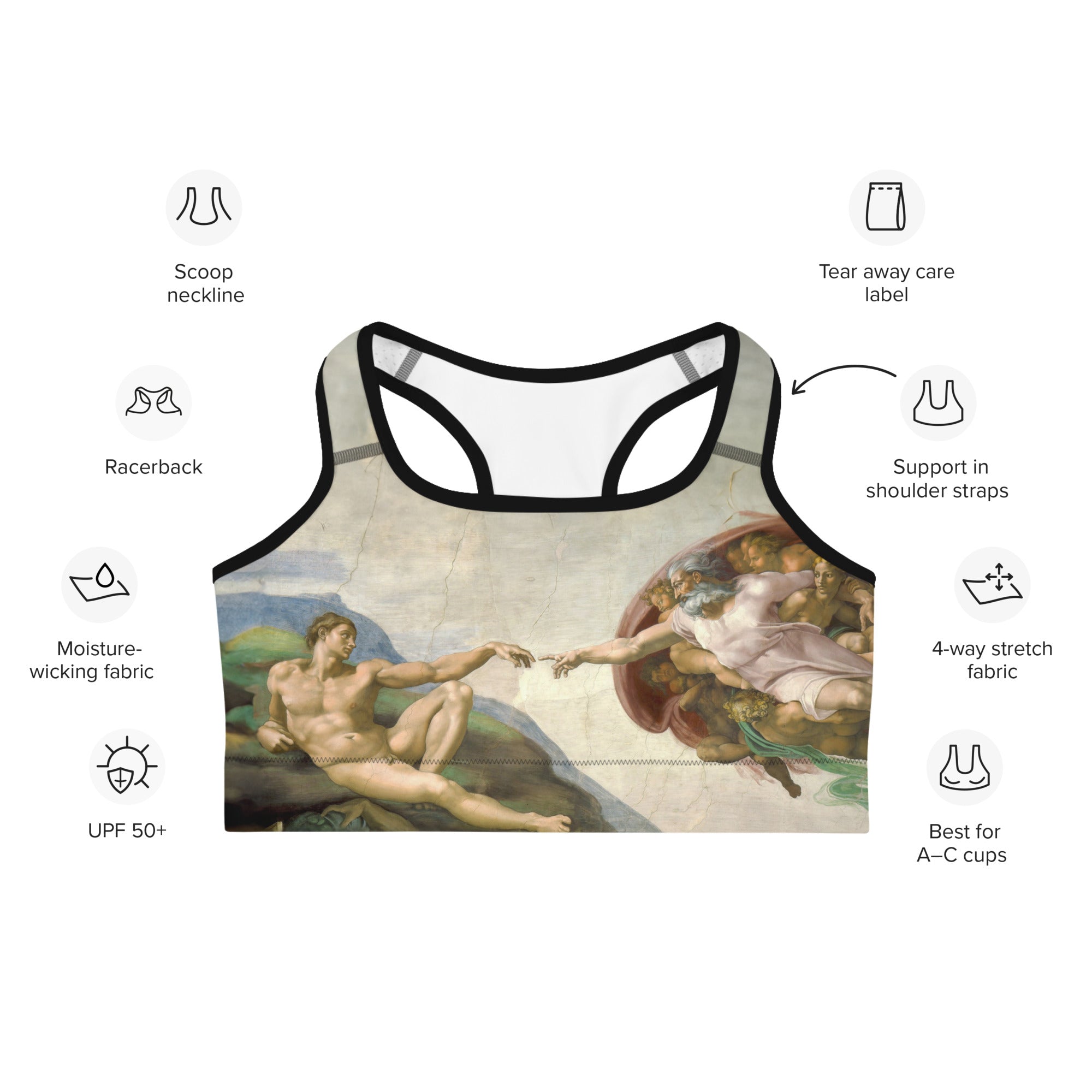 Michelangelo 'The Creation of Adam' Famous Painting Sports Bra | Premium Art Sports Bra