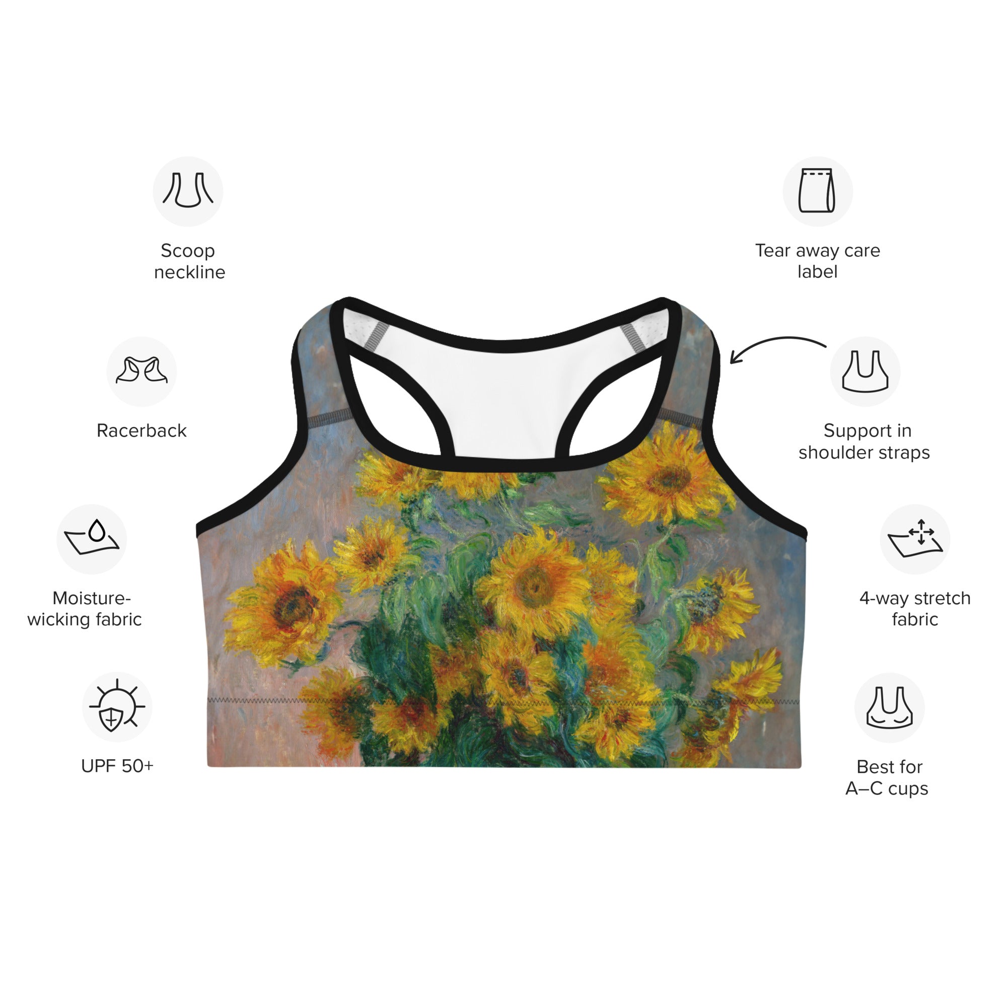 Claude Monet 'Bouquet of Sunflowers' Famous Painting Sports Bra | Premium Art Sports Bra