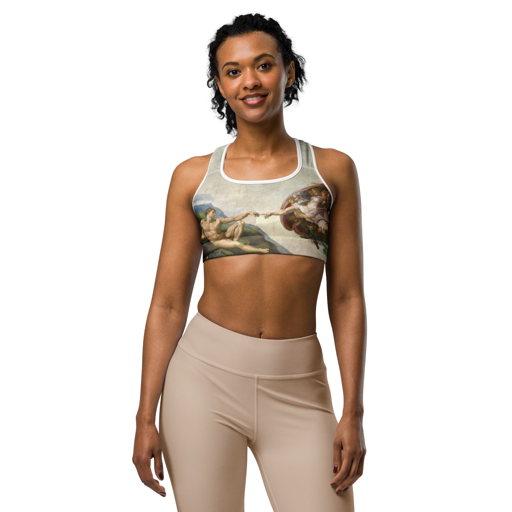 Michelangelo 'The Creation of Adam' Famous Painting Sports Bra | Premium Art Sports Bra