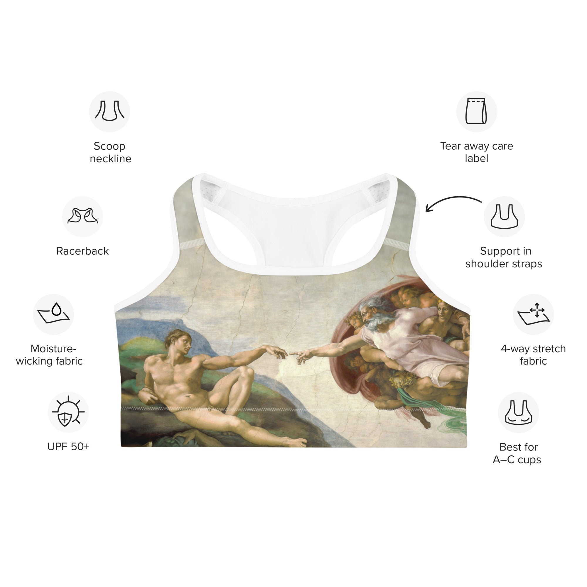 Michelangelo 'The Creation of Adam' Famous Painting Sports Bra | Premium Art Sports Bra