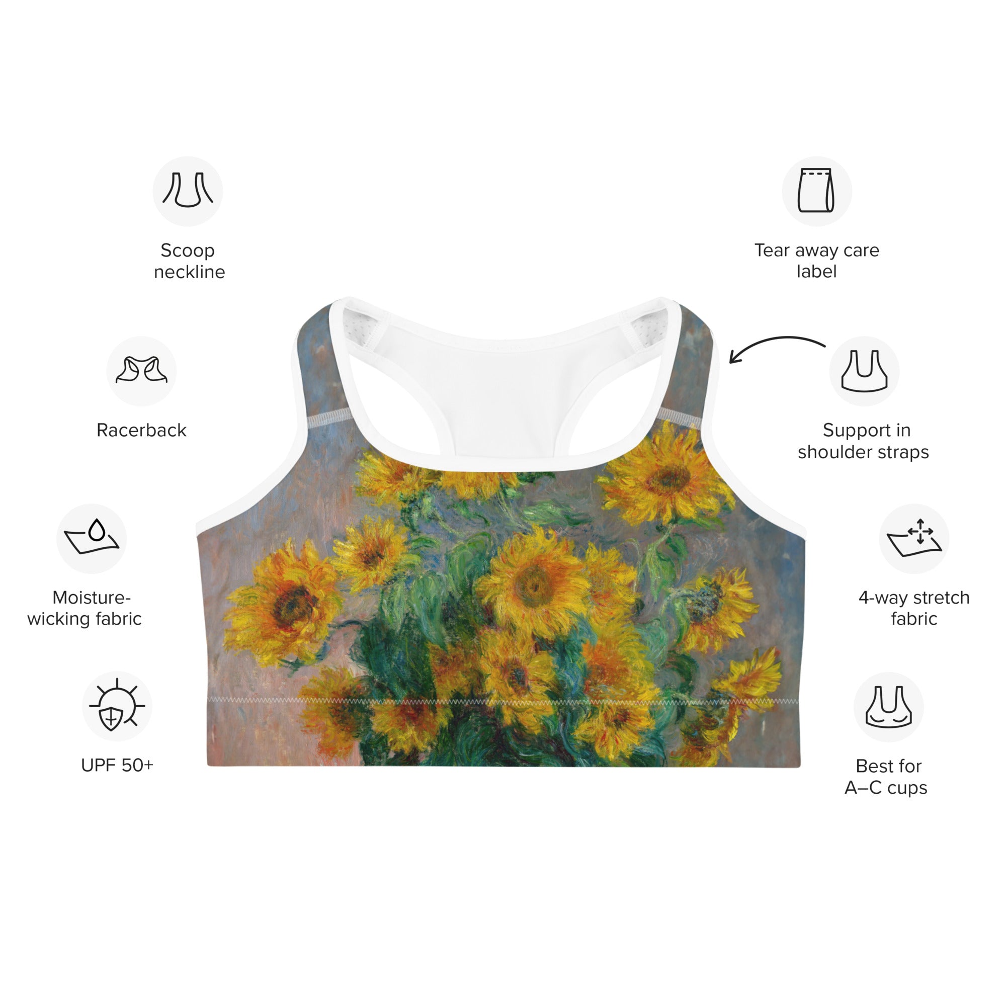 Claude Monet 'Bouquet of Sunflowers' Famous Painting Sports Bra | Premium Art Sports Bra