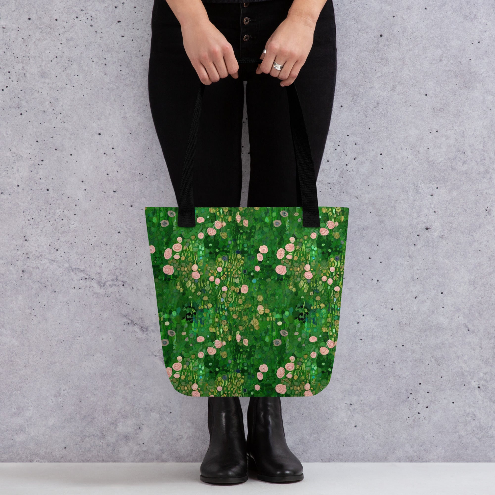 Gustav Klimt 'Rosebushes under the Trees' Famous Painting Totebag | Allover Print Art Tote Bag