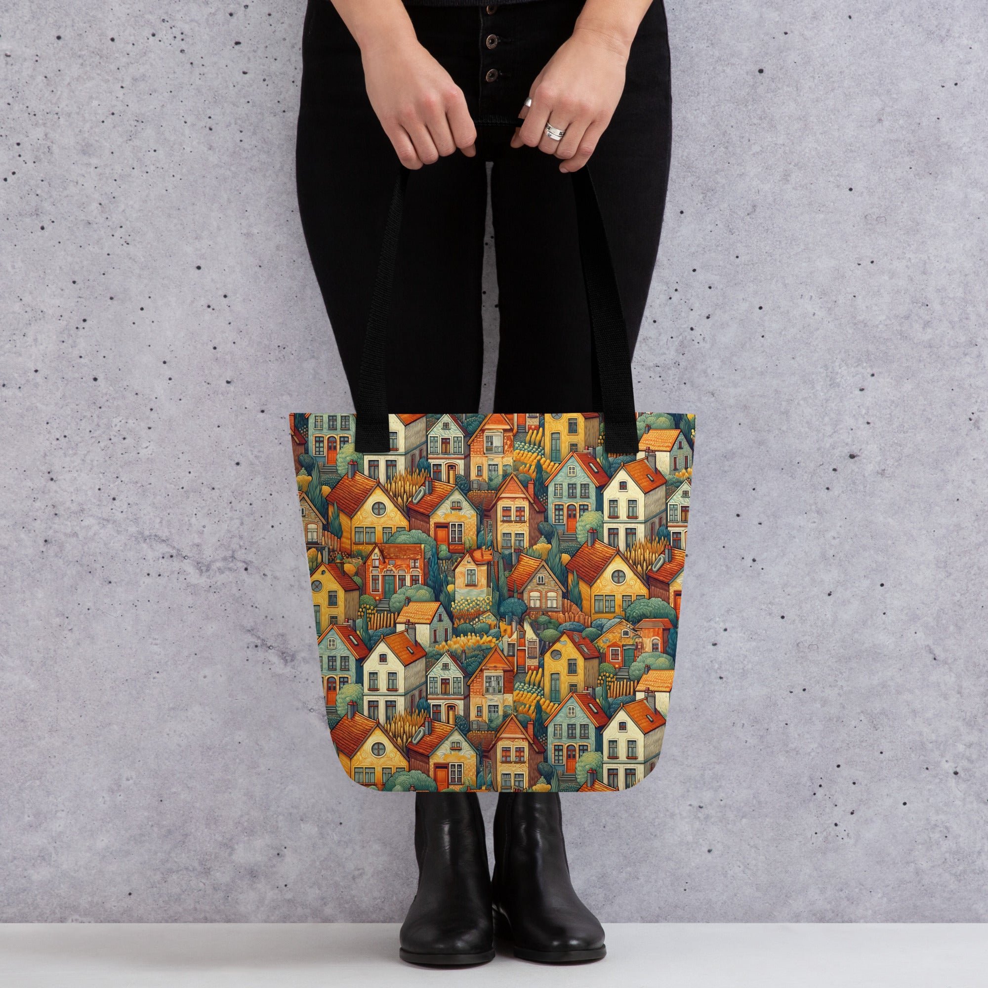 Einkaufstasche mit berühmtem Gemälde „Häuser bei Auvers“ von Vincent van Gogh | Kunst-Einkaufstasche mit Allover-Print
