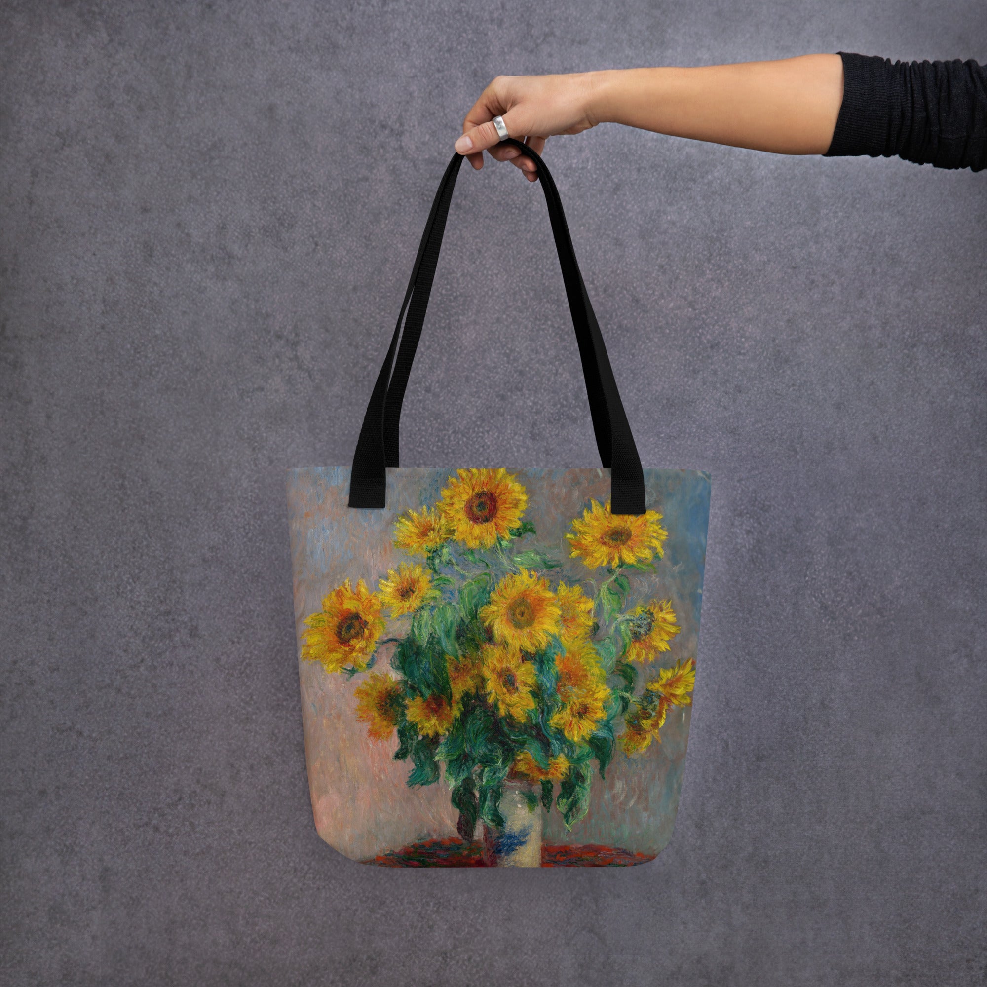 Claude Monet - Einkaufstasche mit berühmtem Gemälde „Sonnenblumenstrauß“ | Kunst-Einkaufstasche mit Allover-Print 