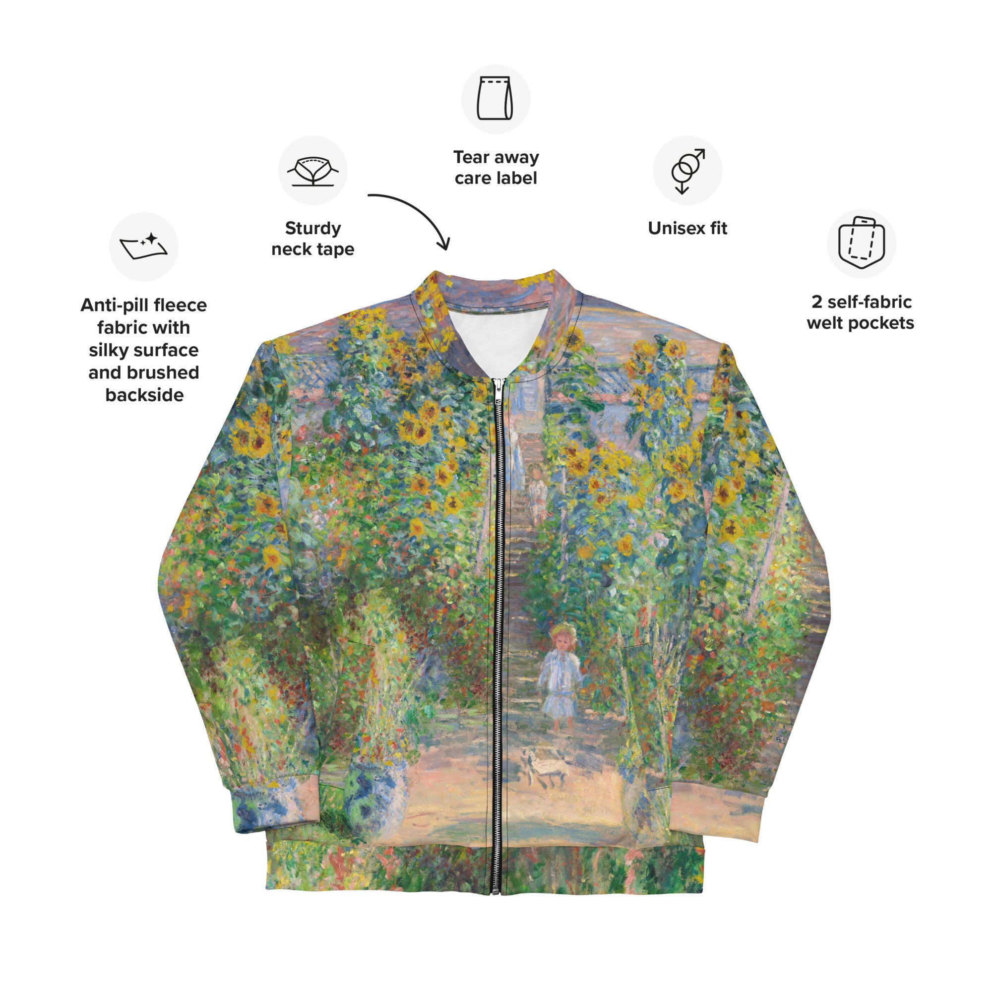 Bomberjacke mit berühmtem Gemälde „Der Garten des Künstlers in Vétheuil“ von Claude Monet | Unisex-Kunstbomberjacke mit Allover-Print