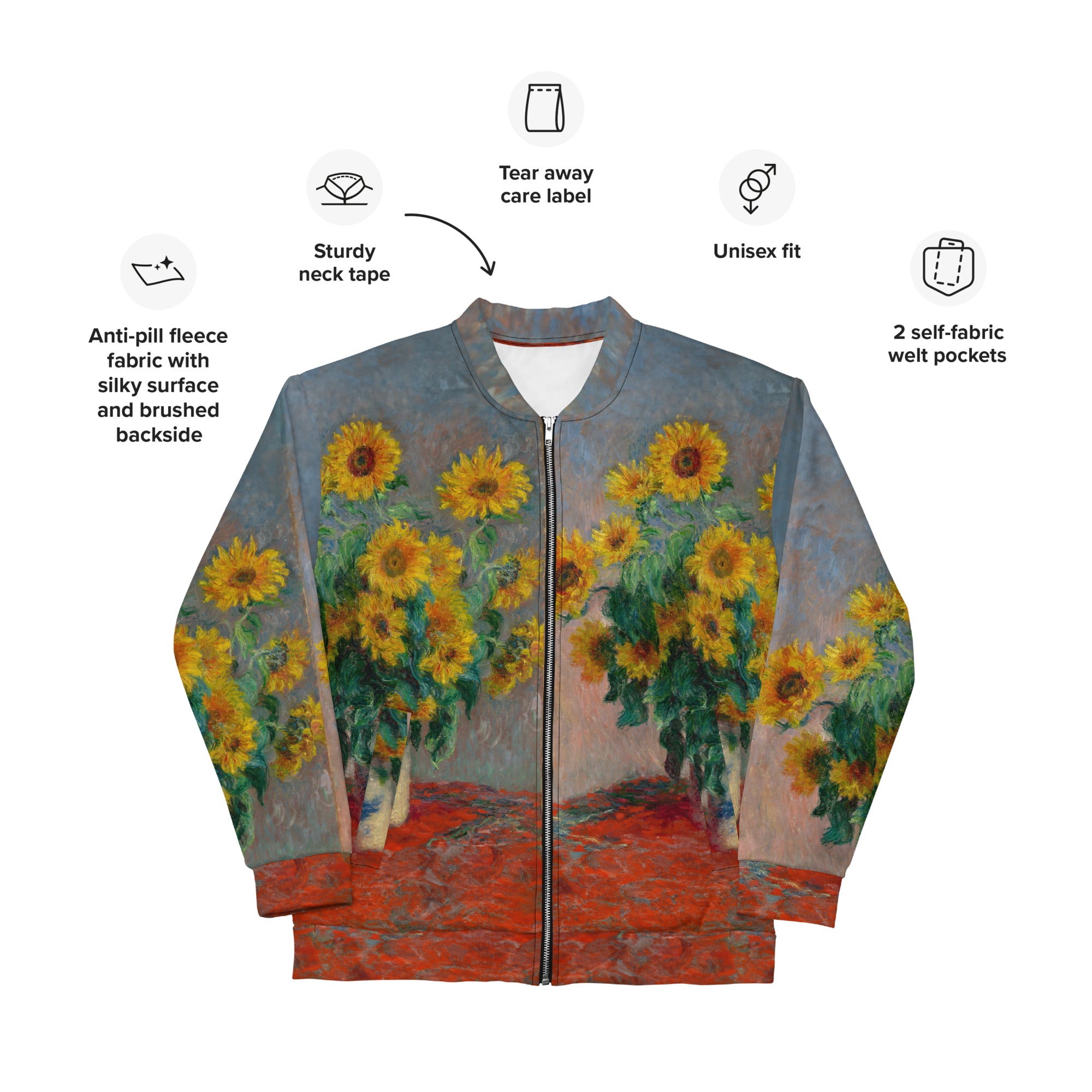 Claude Monet 'Bouquet of Sunflowers' Famous Painting Bomberjack | Allover Print Unisex Art Bomber Jacket