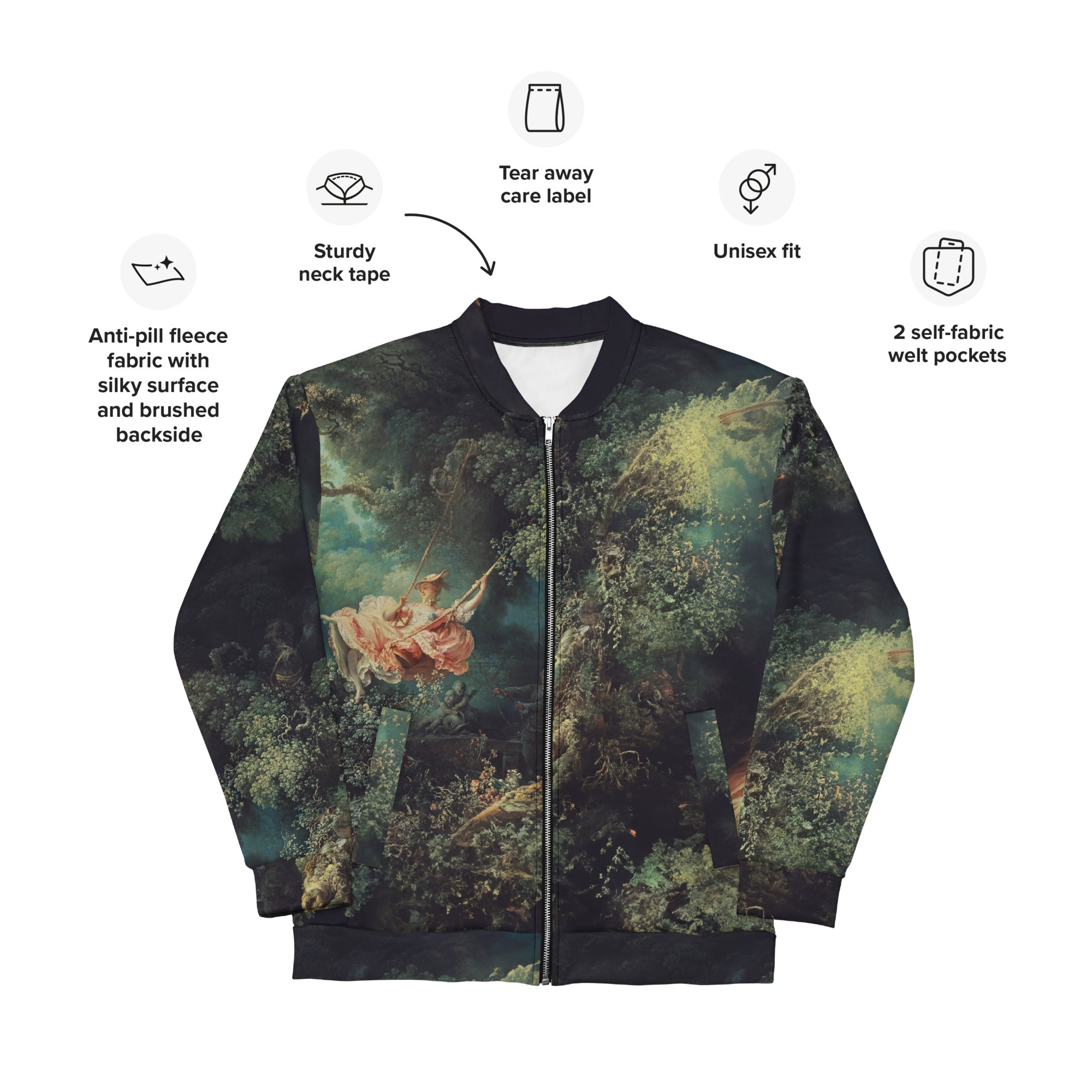 Jean-Honoré Fragonard 'The Swing' Famous Painting Bomberjack | Allover Print Unisex Art Bomber Jacket