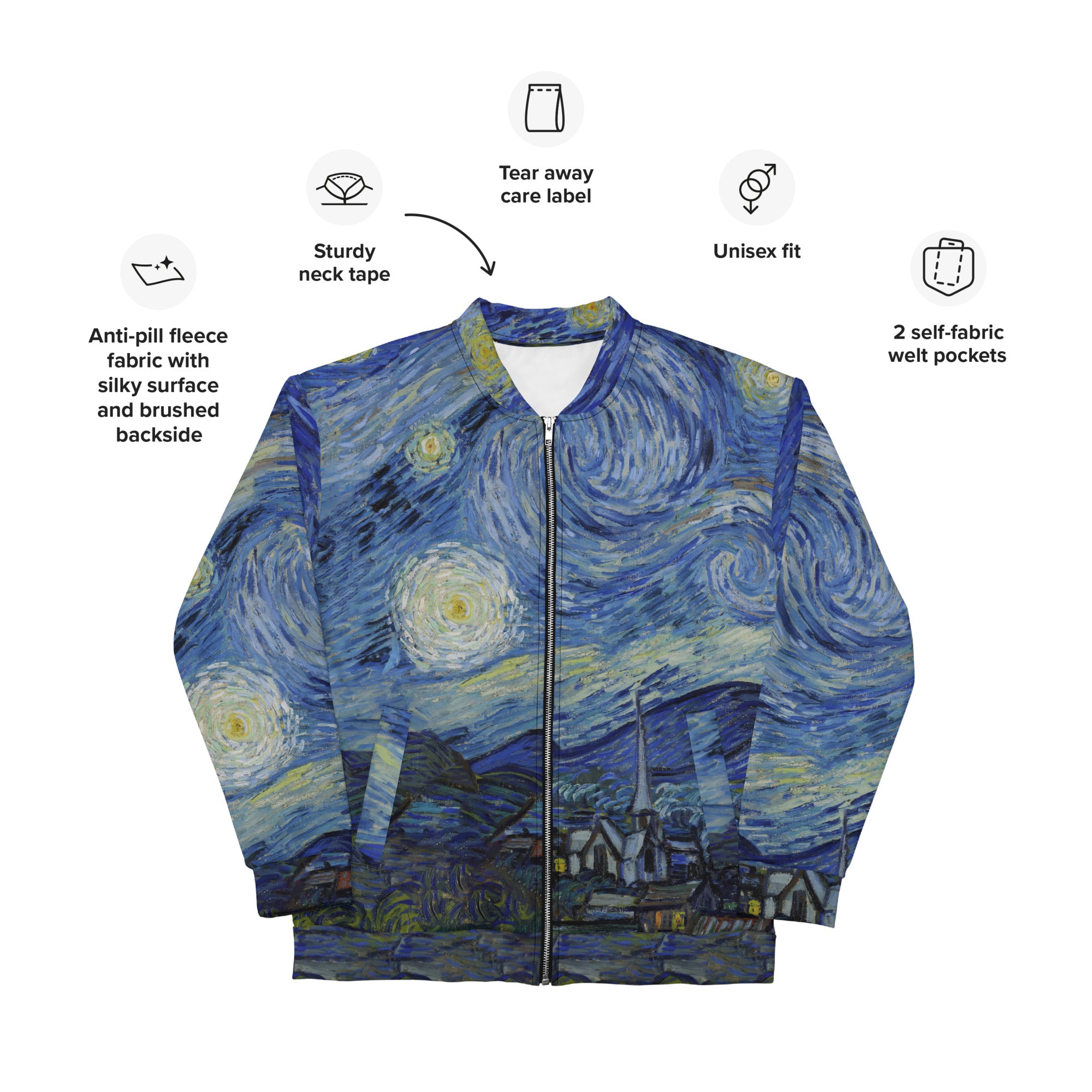 Bomberjacke mit berühmtem Gemälde „Sternennacht“ von Vincent van Gogh | Bomberjacke mit Allover-Print, Unisex