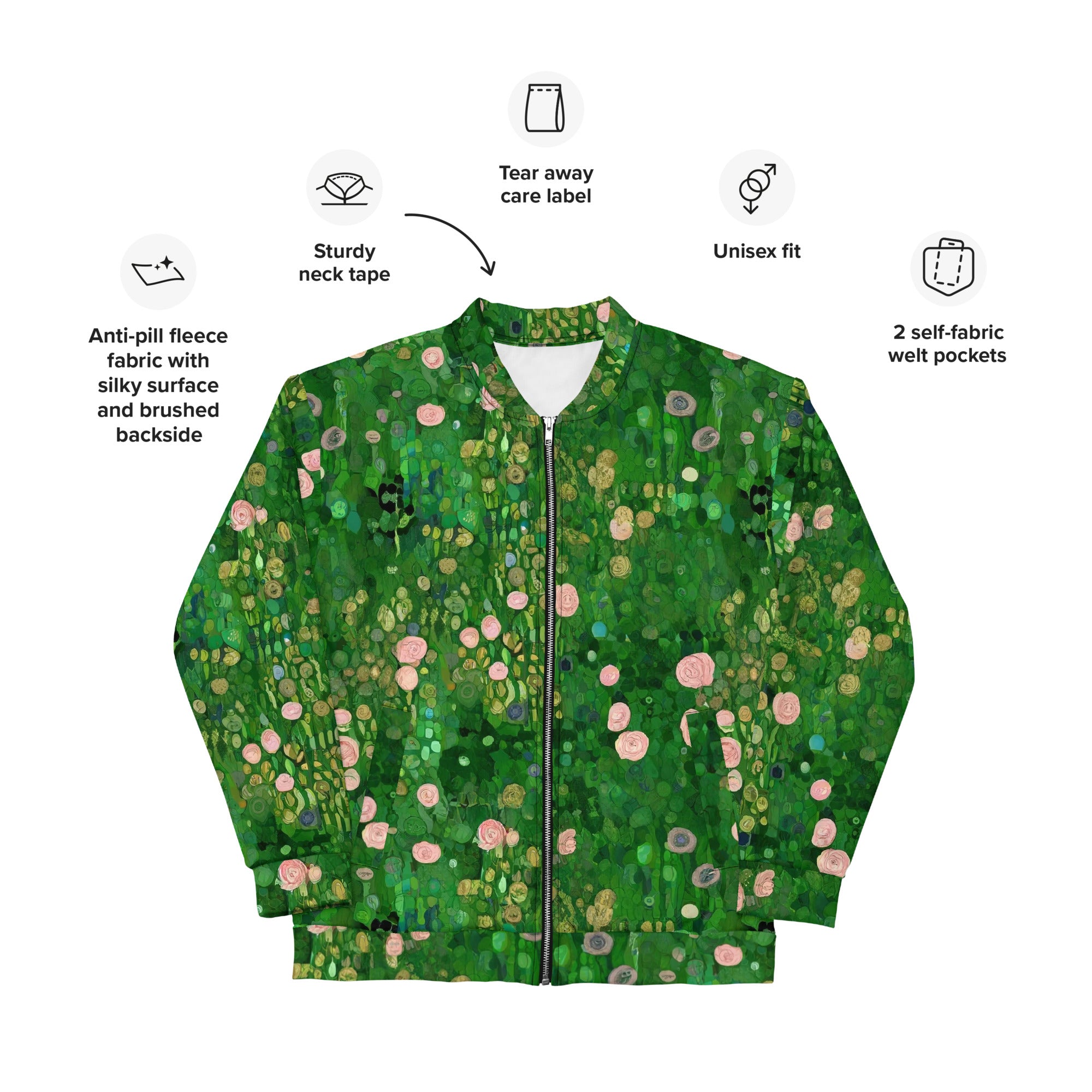 Bomberjacke mit berühmtem Gemälde „Rosenbüsche unter den Bäumen“ von Gustav Klimt | Bomberjacke mit Allover-Print, Unisex