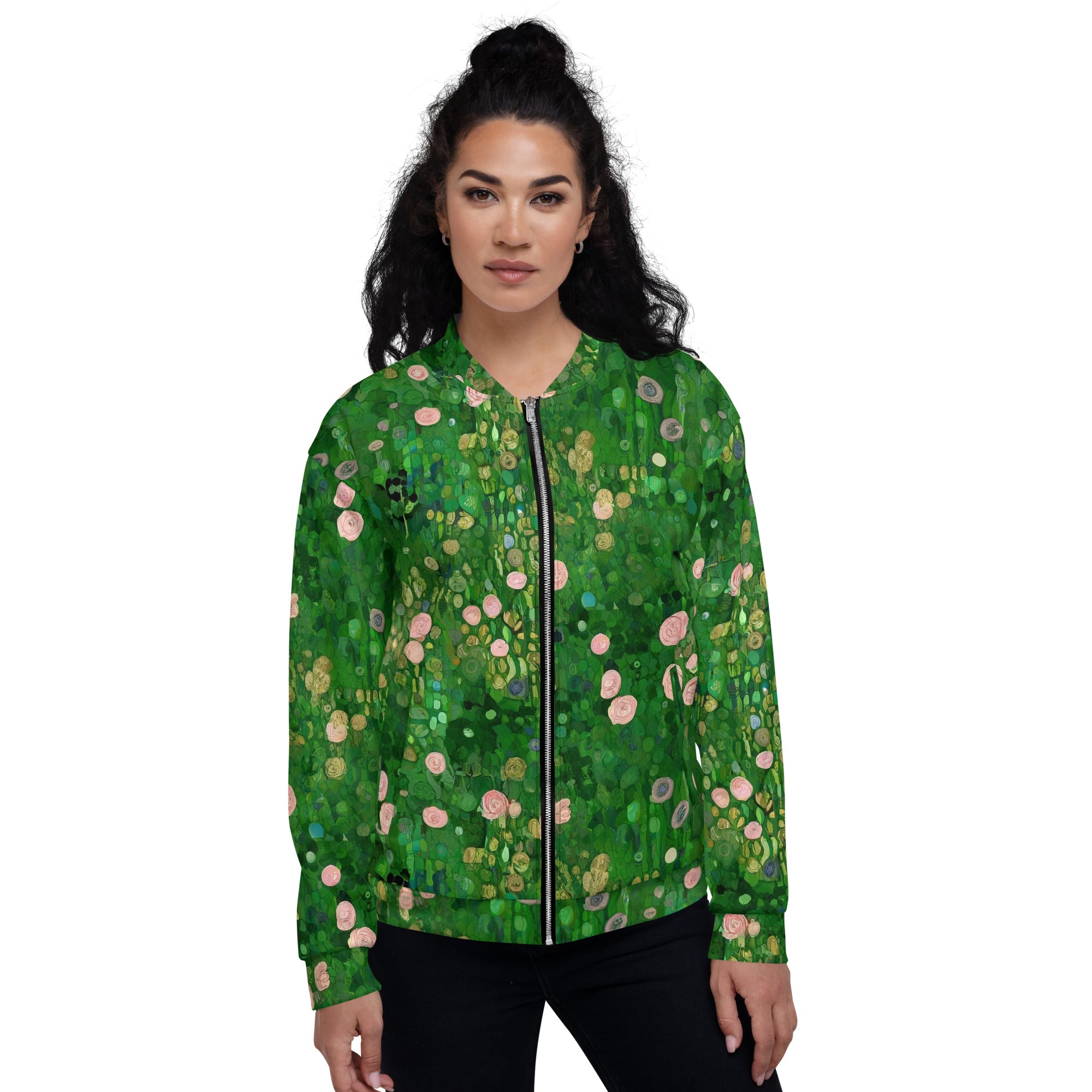 Bomberjacke mit berühmtem Gemälde „Rosenbüsche unter den Bäumen“ von Gustav Klimt | Bomberjacke mit Allover-Print, Unisex