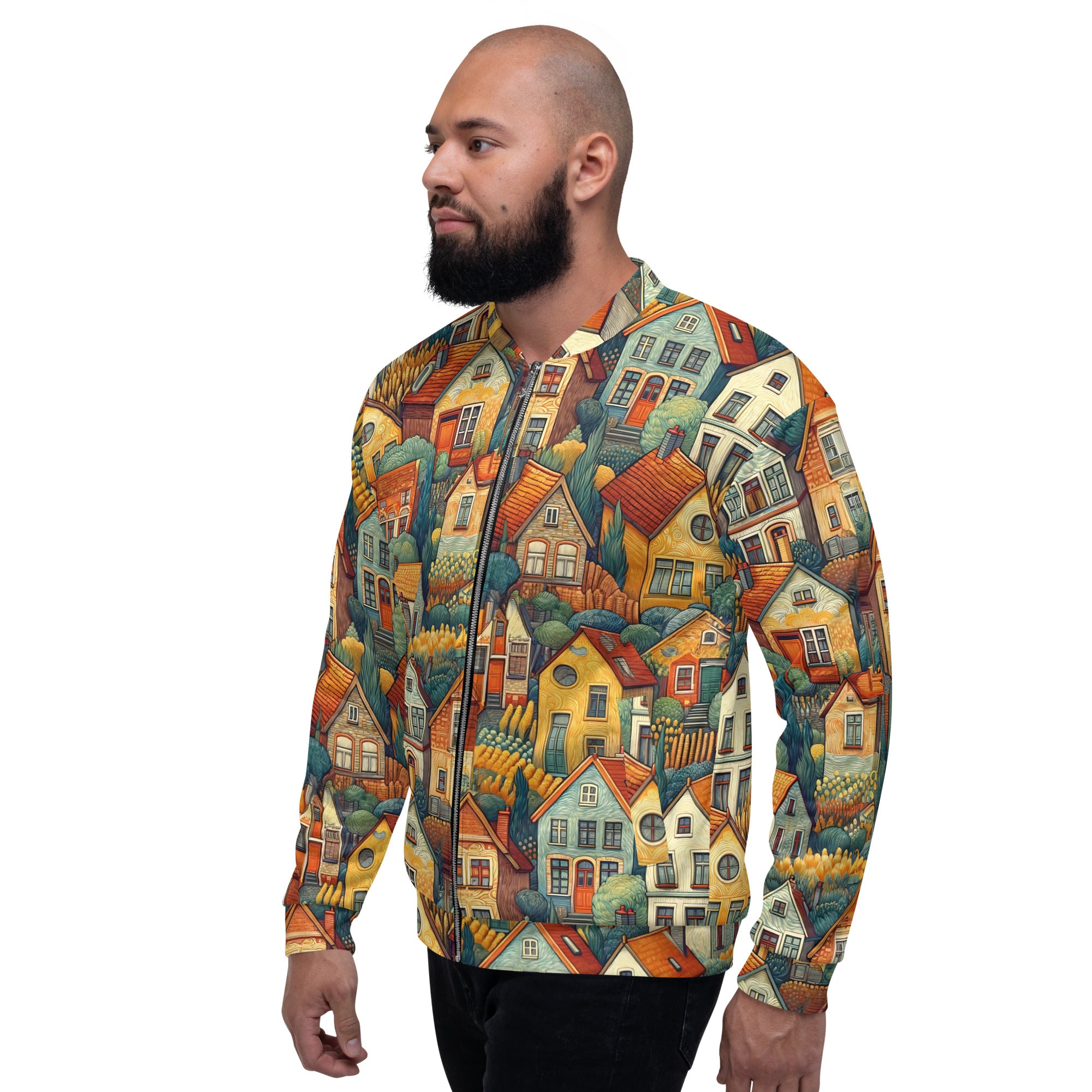 Bomberjacke mit berühmtem Gemälde „Häuser bei Auvers“ von Vincent van Gogh | Bomberjacke mit Allover-Print, Unisex