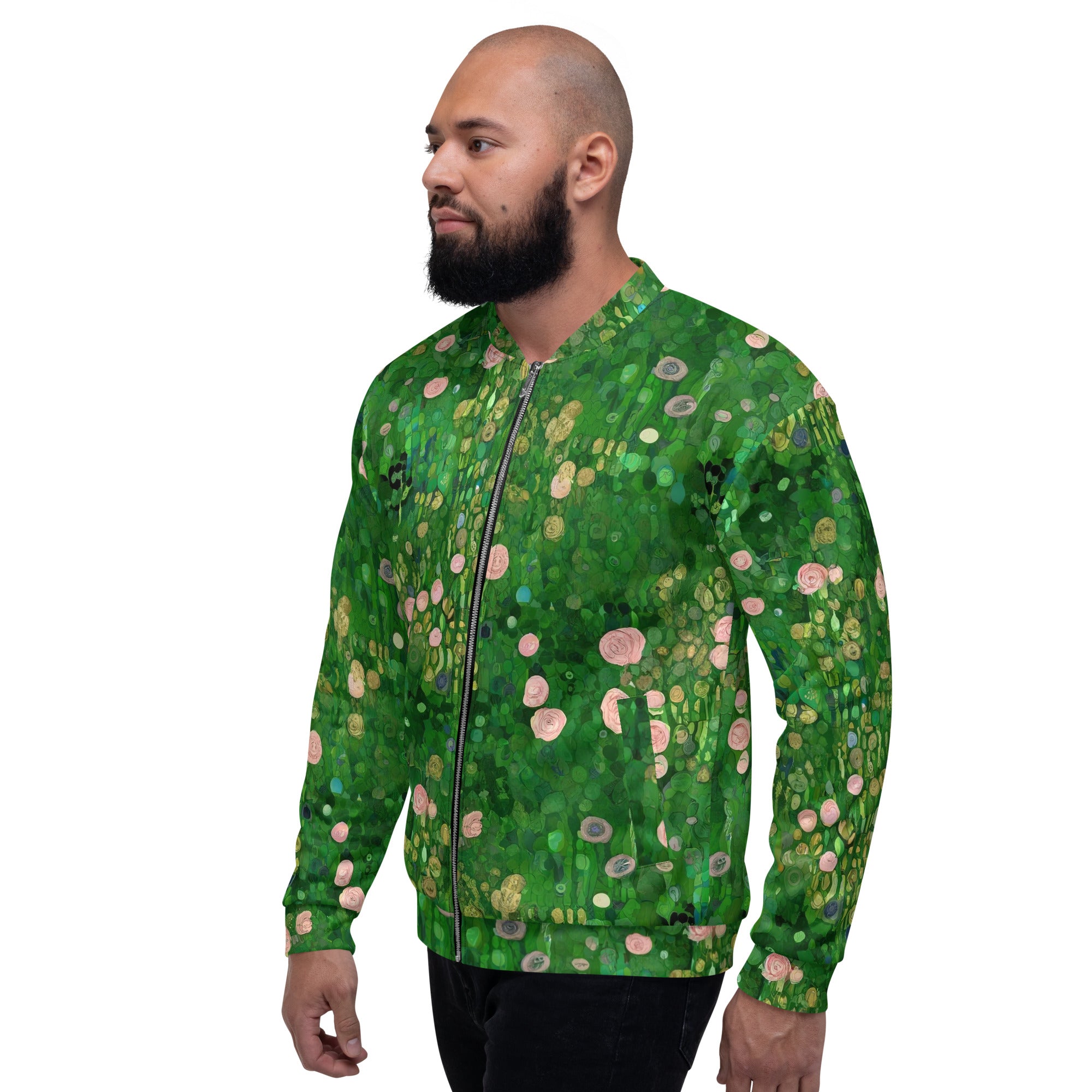 Bomberjacke mit berühmtem Gemälde „Rosenbüsche unter den Bäumen“ von Gustav Klimt | Bomberjacke mit Allover-Print, Unisex