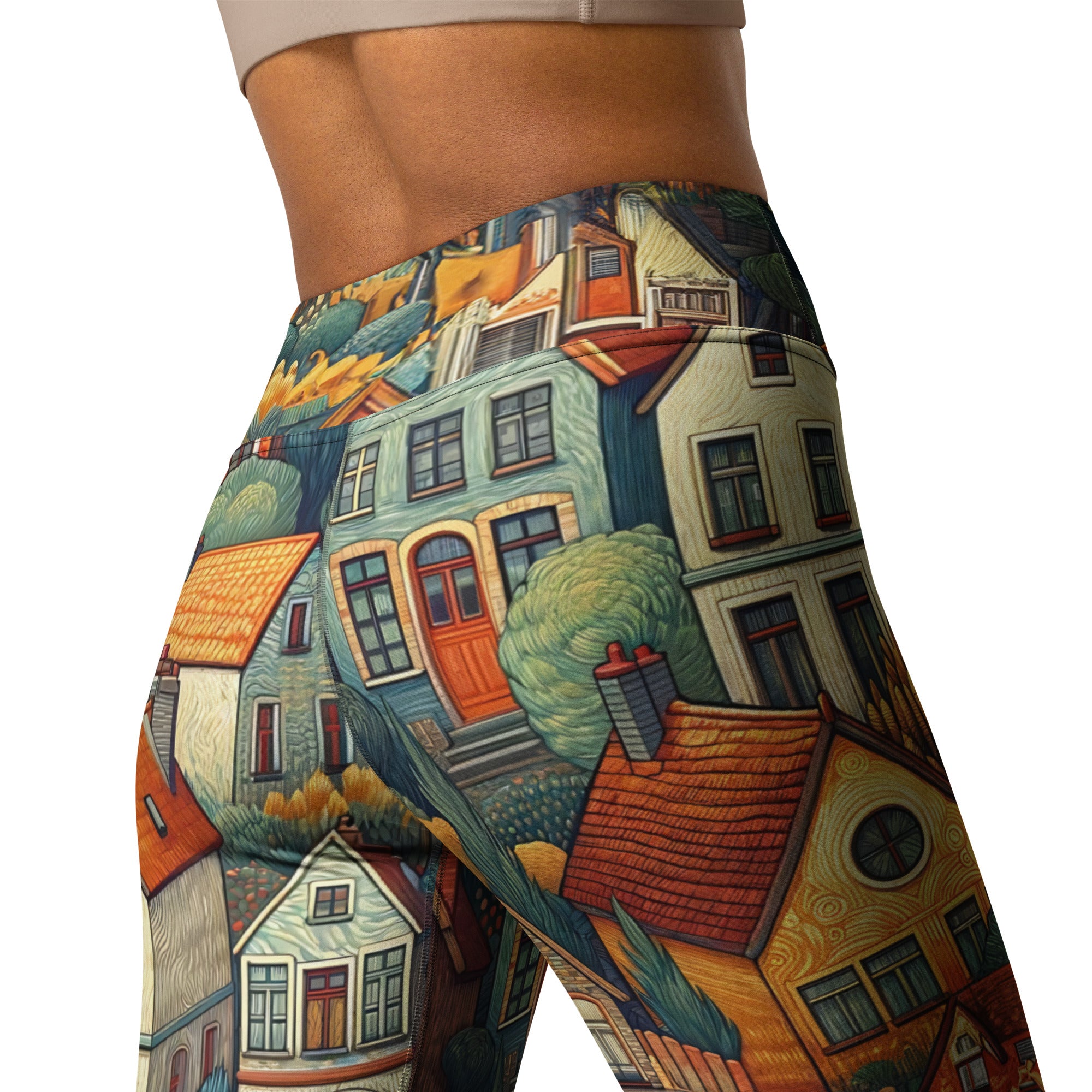 Yoga-Leggings mit berühmtem Gemälde „Häuser bei Auvers“ von Vincent van Gogh | Premium-Kunst-Yoga-Leggings