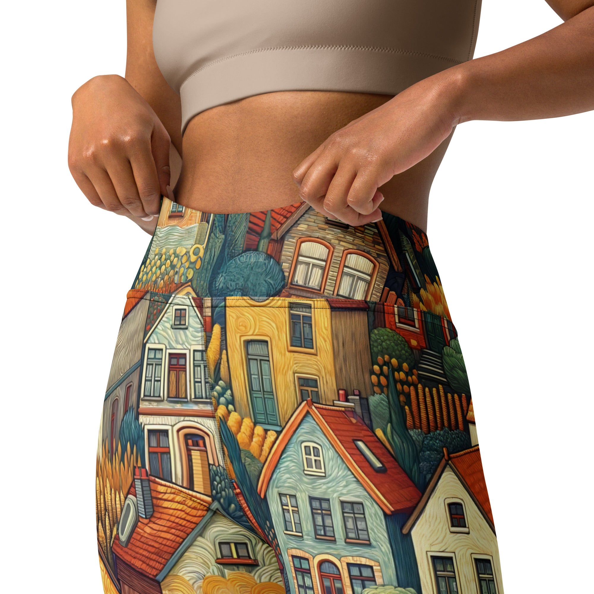 Yoga-Leggings mit berühmtem Gemälde „Häuser bei Auvers“ von Vincent van Gogh | Premium-Kunst-Yoga-Leggings