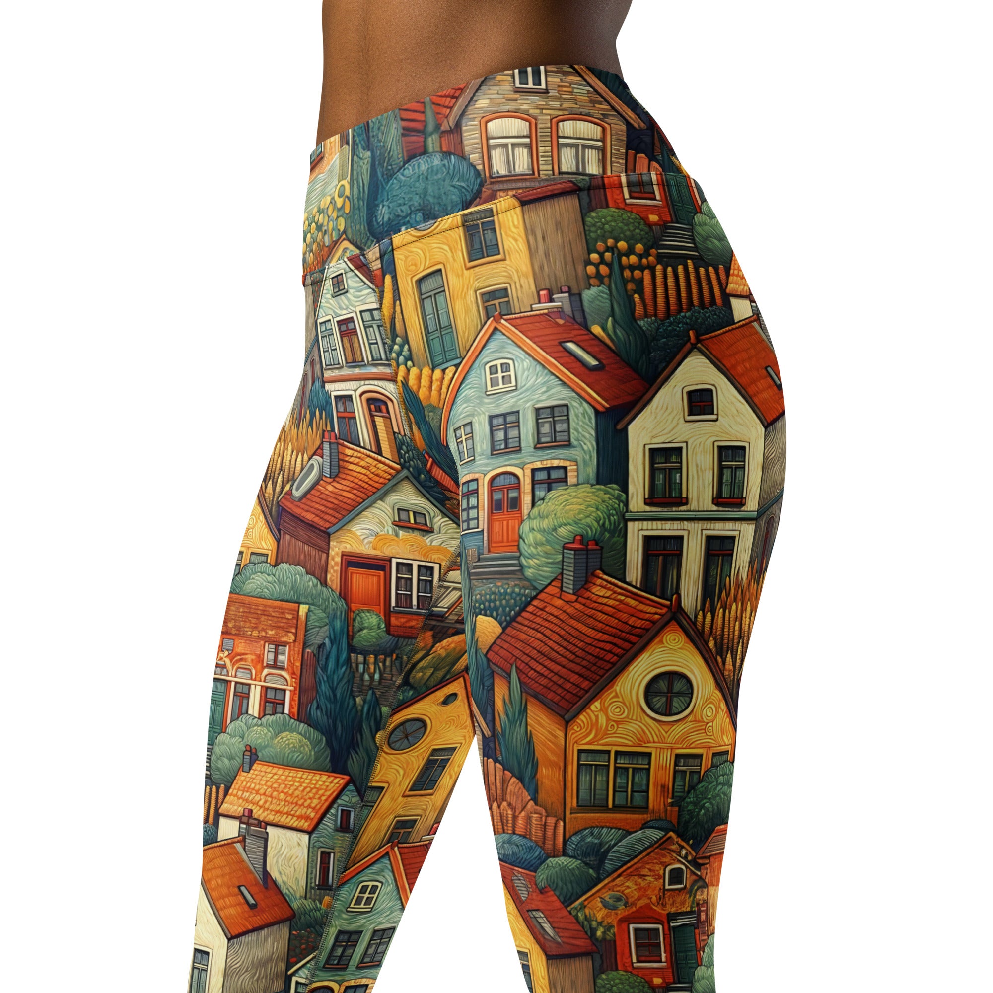 Vincent van Gogh 'Houses at Auvers' Famous Painting Yoga Leggings | Premium Art Yoga Leggings